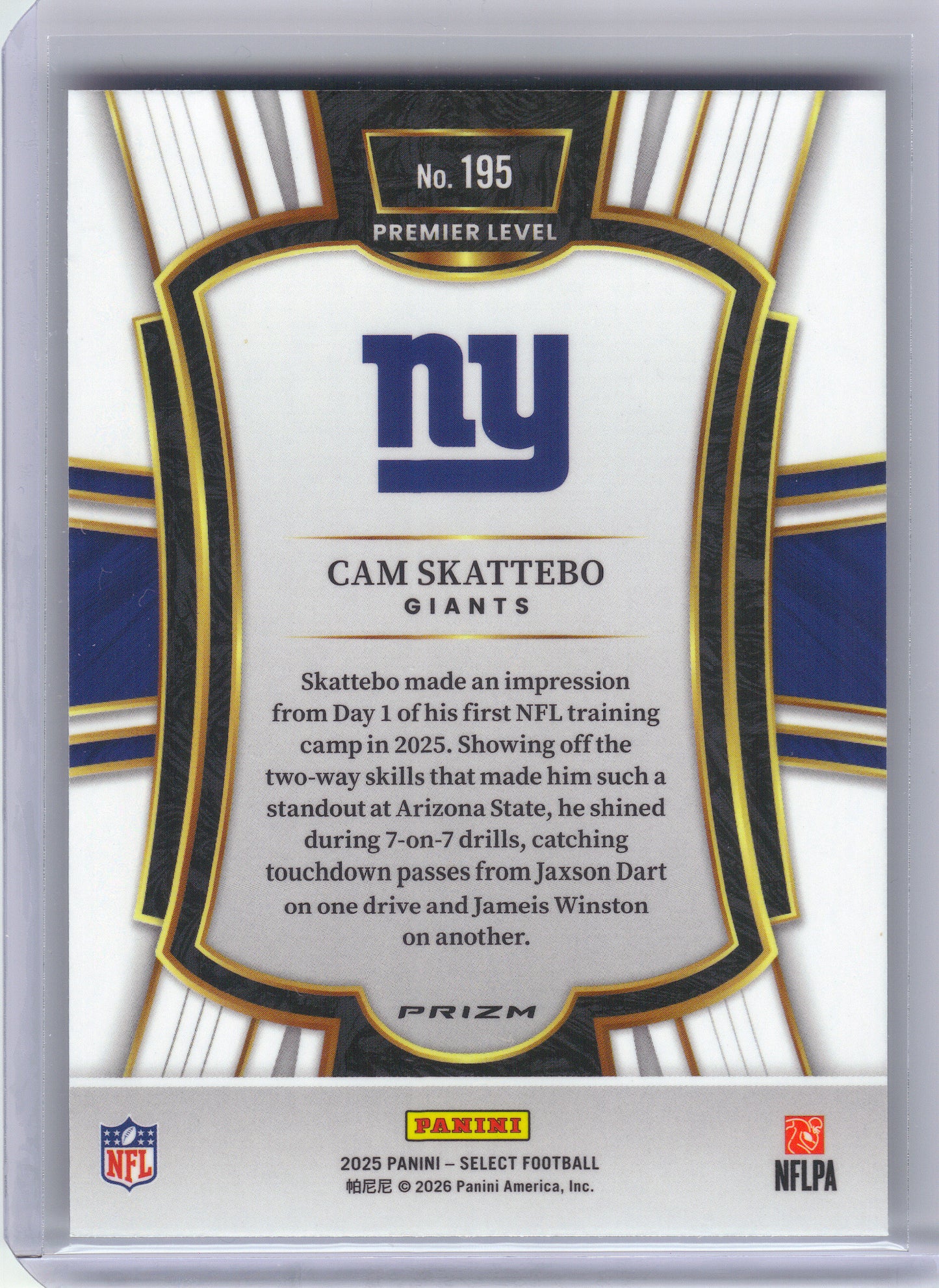 2025 Panini Select #195 Cam Skattebo Silver Prizm New York Giants Rookie