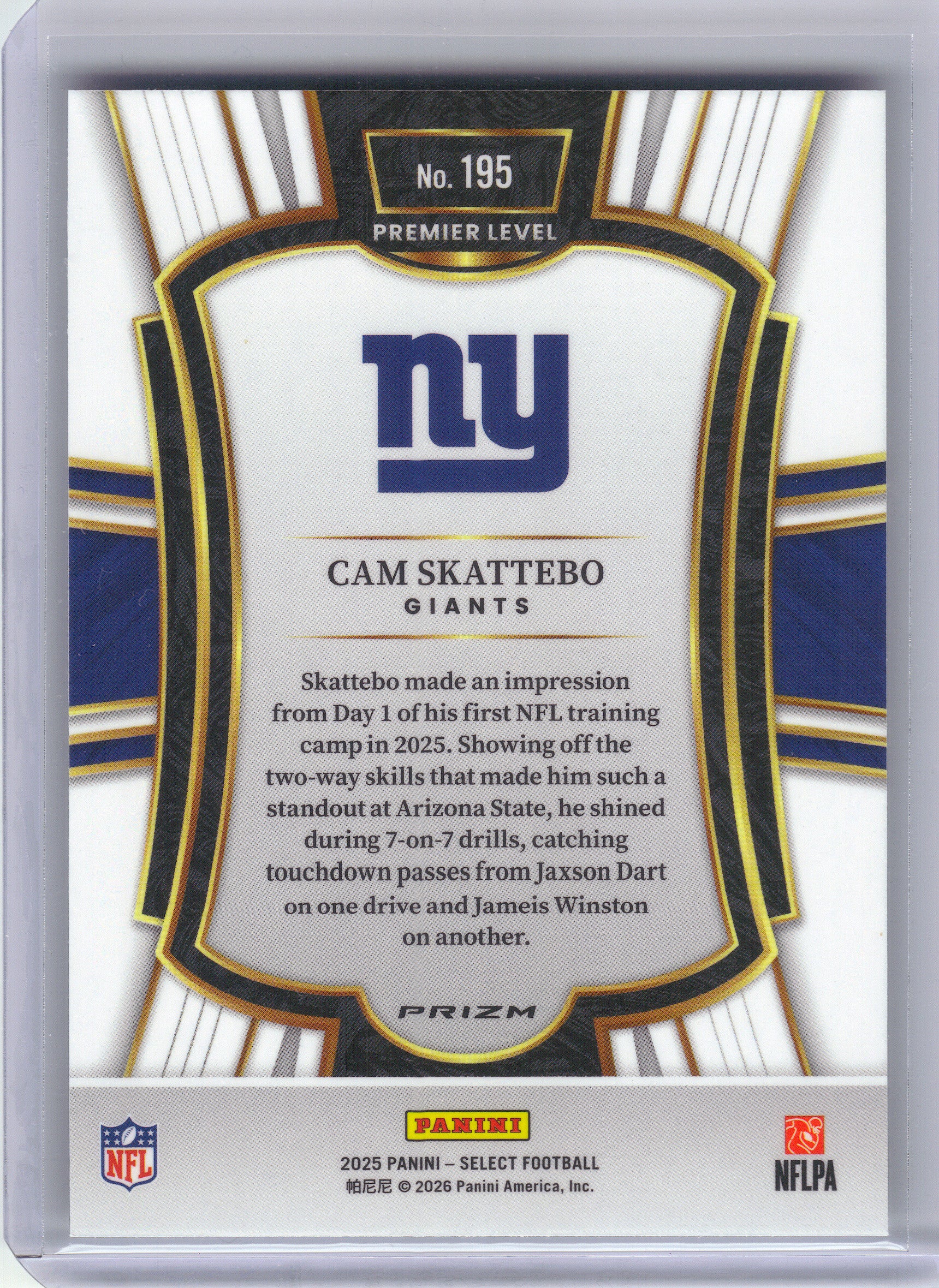 2025 Panini Select #195 Cam Skattebo Silver Prizm New York Giants Rookie