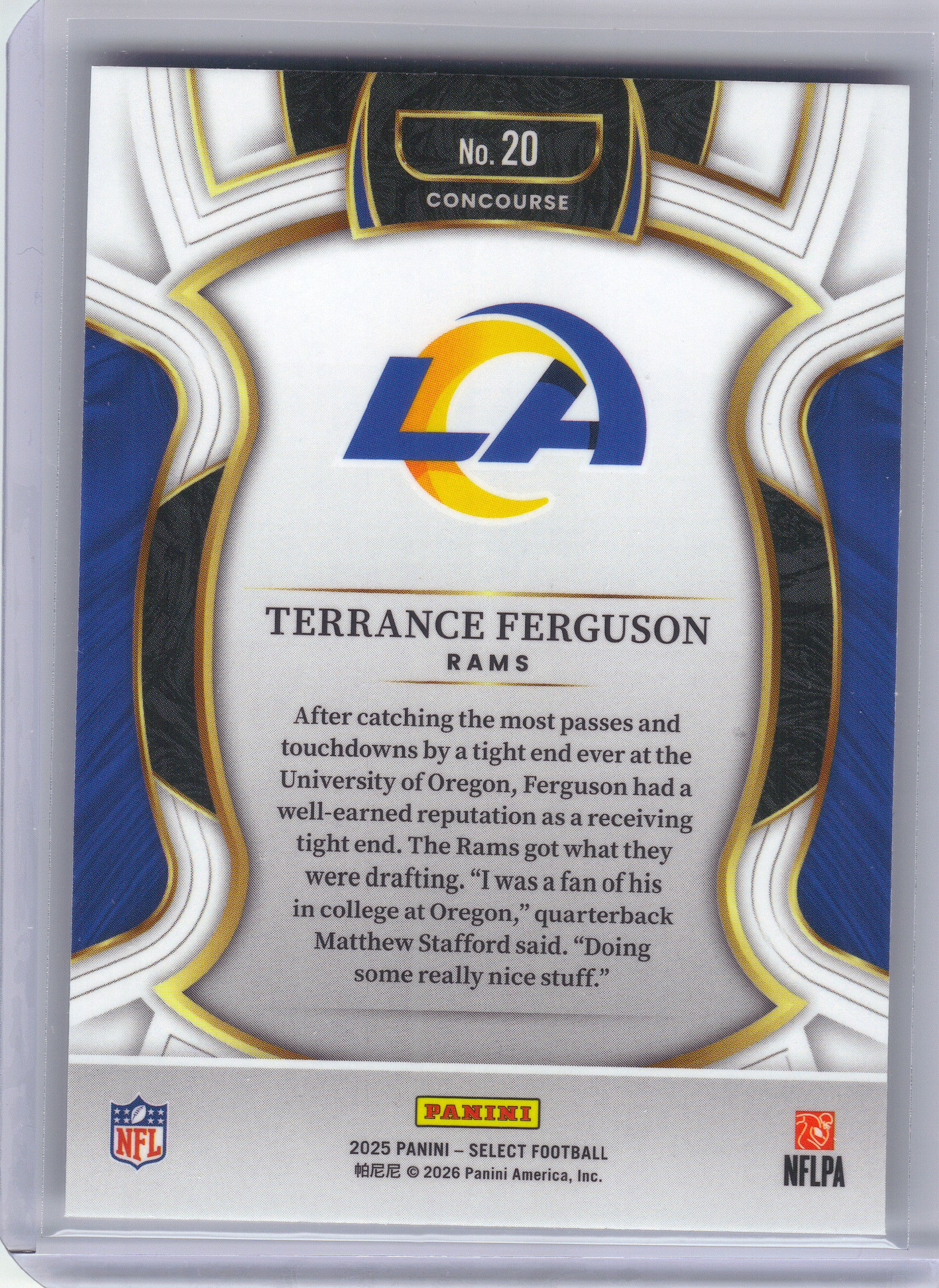 2025 Panini Select #20 Terrance Ferguson Los Angeles Rams Rookie