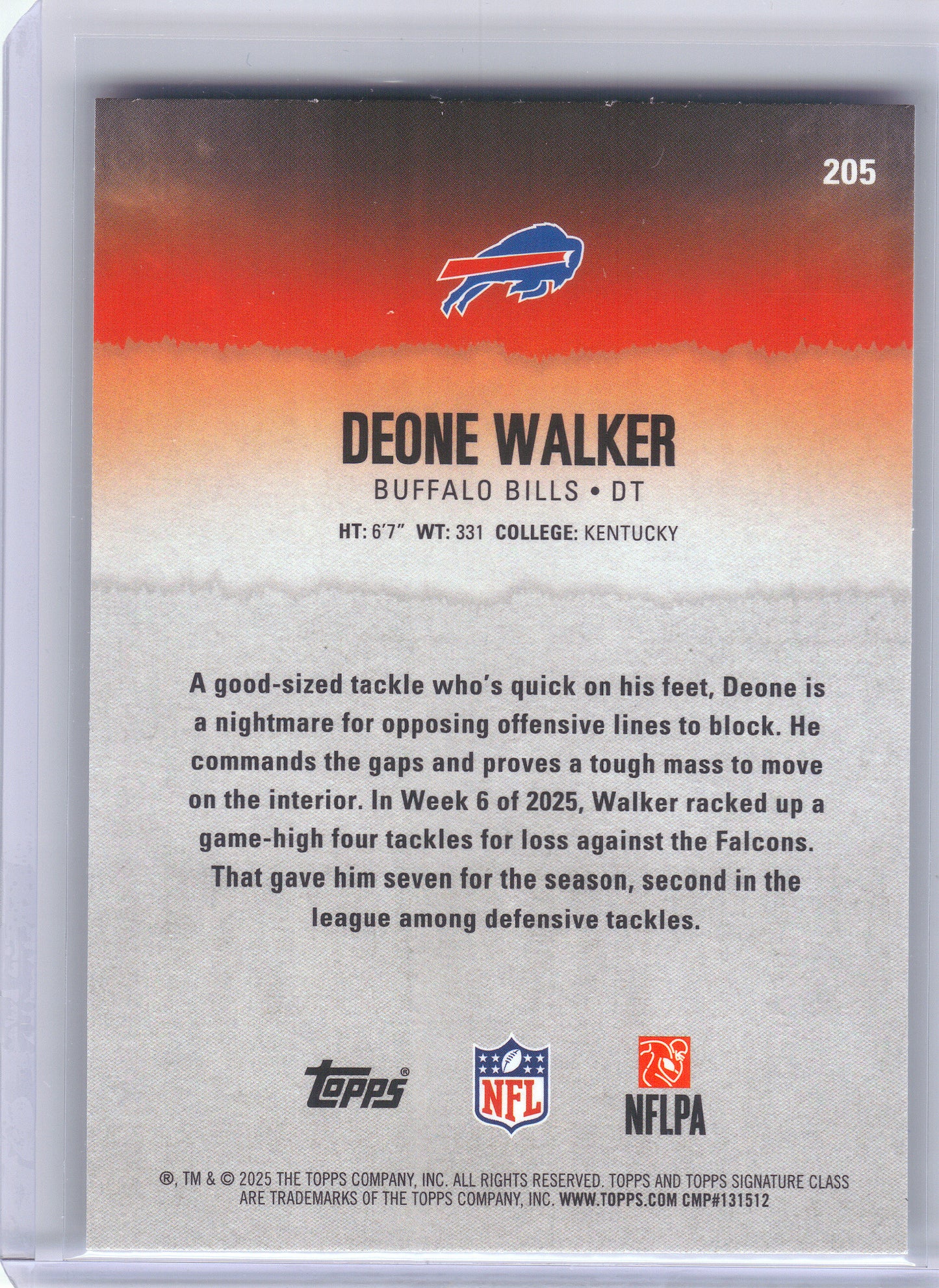 2025 Topps Signature Class #205 Deone Walker Buffalo Bills Rookie