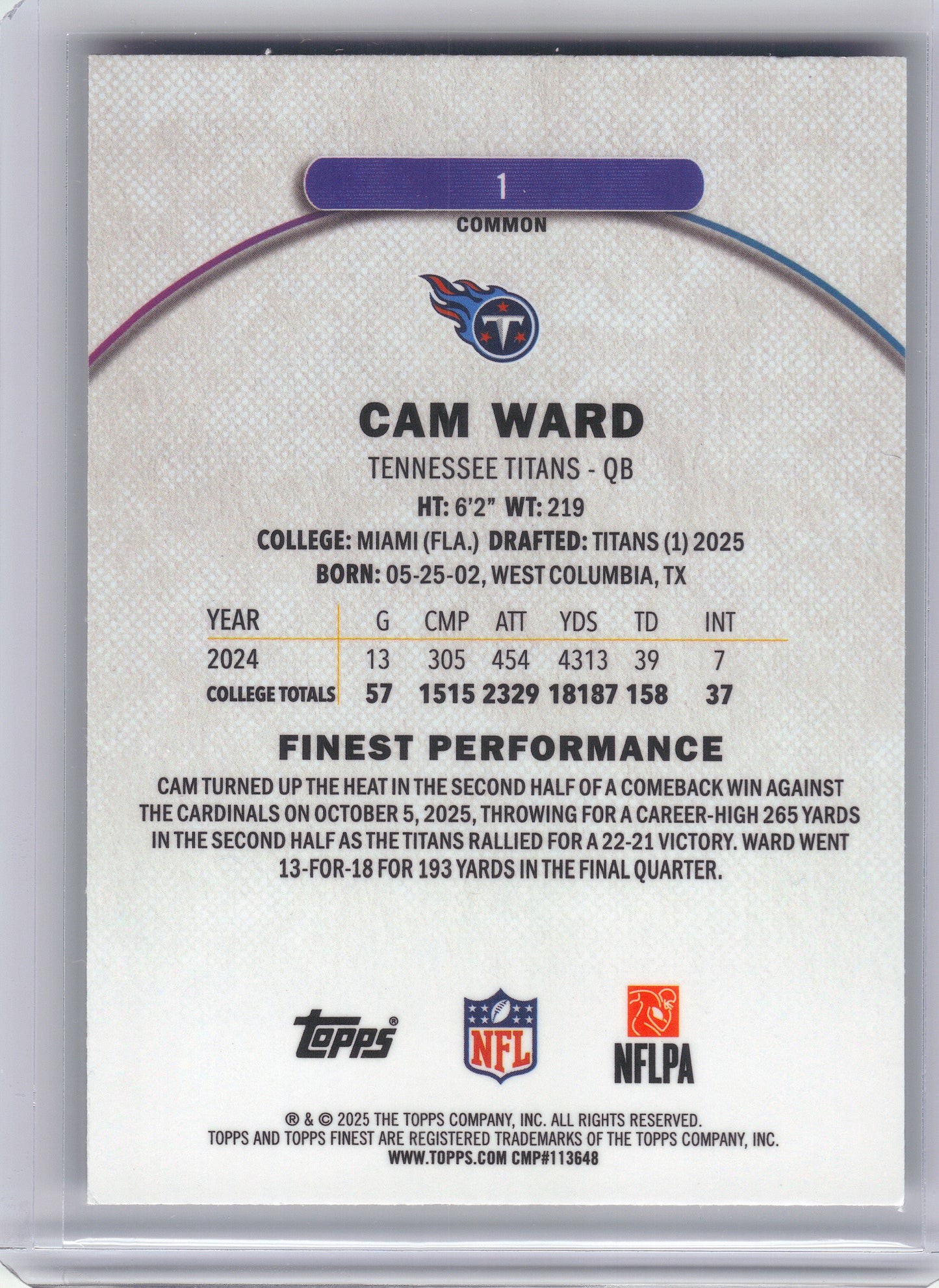2025 Finest #1 Cam Ward Tennessee Titans Rookie
