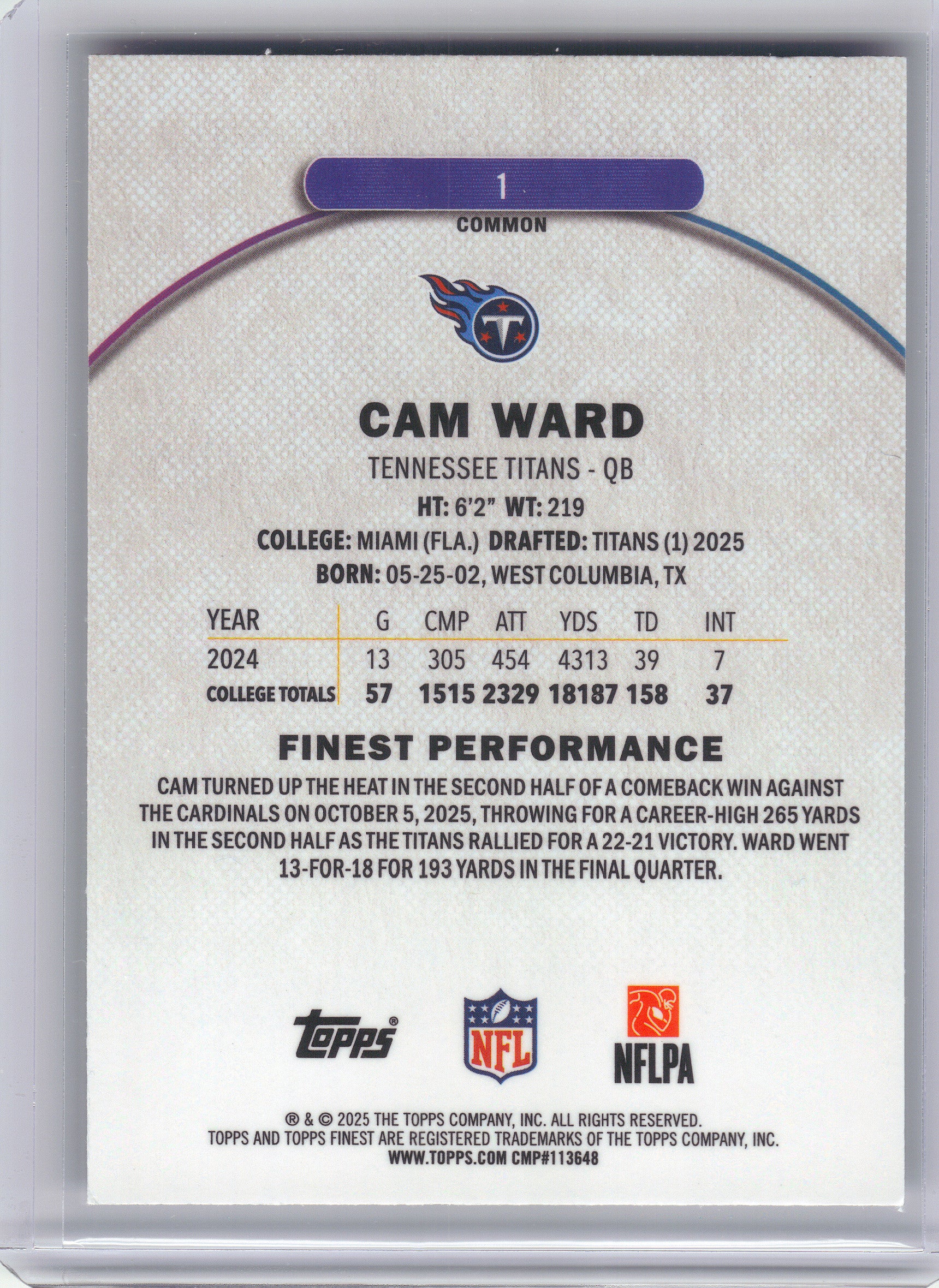 2025 Finest #1 Cam Ward Tennessee Titans Rookie