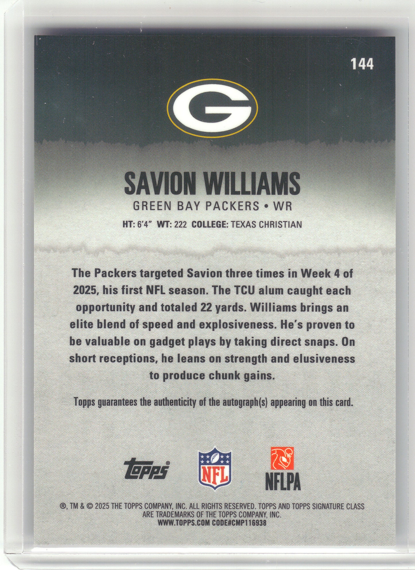 2025 Topps Signature Class #144 Savion Williams Chrome Autographs Green Bay Packers Rookie, Auto