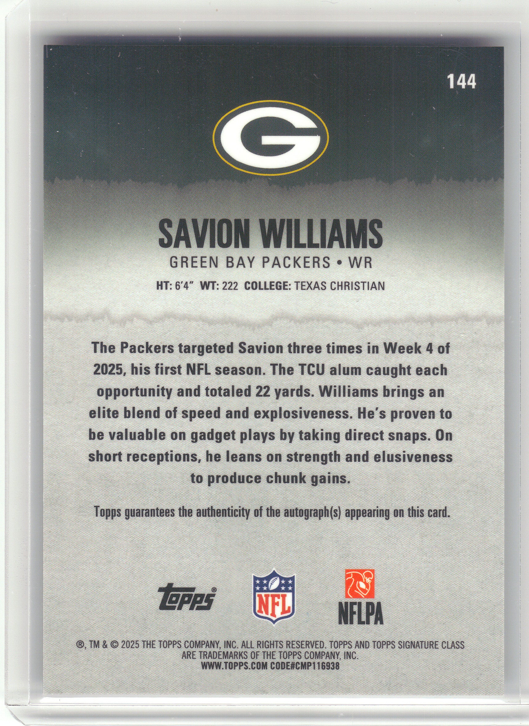 2025 Topps Signature Class #144 Savion Williams Chrome Autographs Green Bay Packers Rookie, Auto