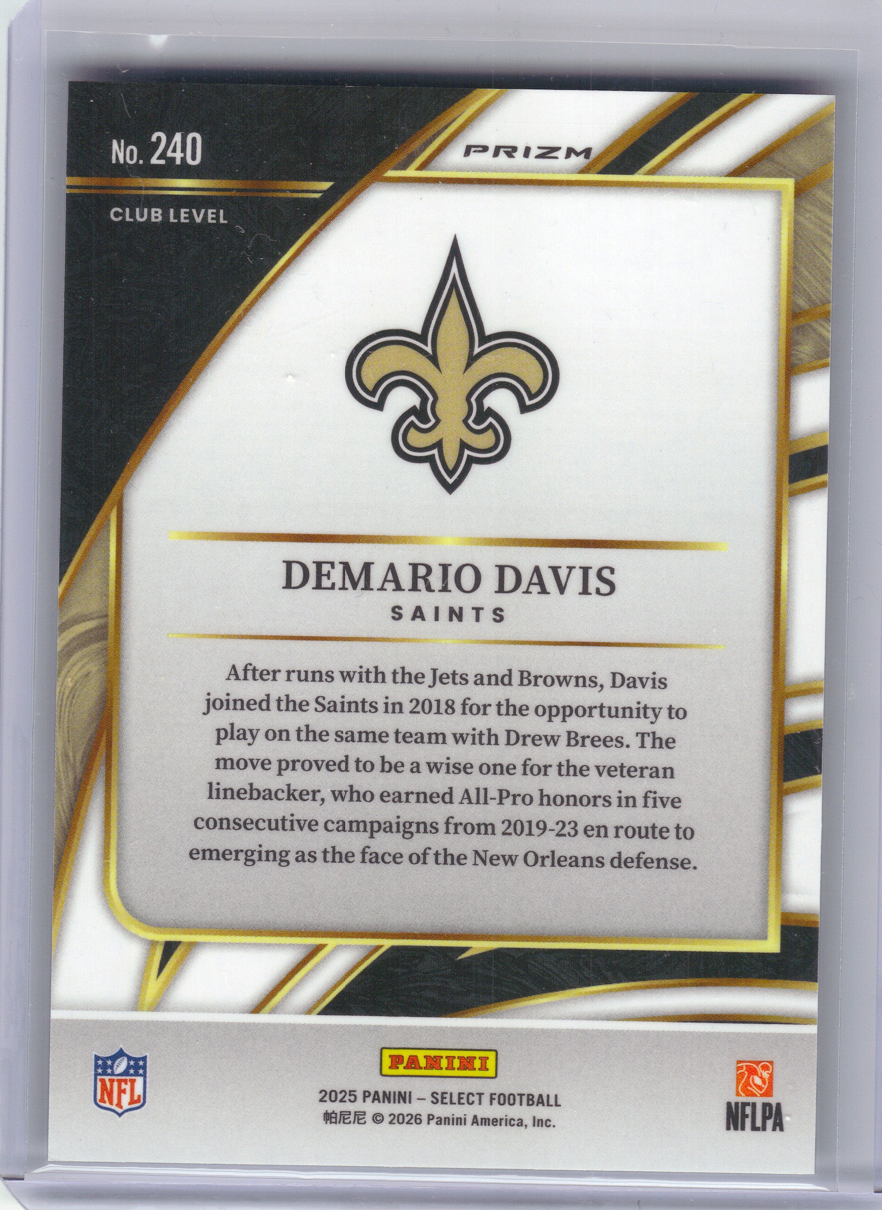2025 Panini Select #240 Demario Davis Zebra Prizm New Orleans Saints