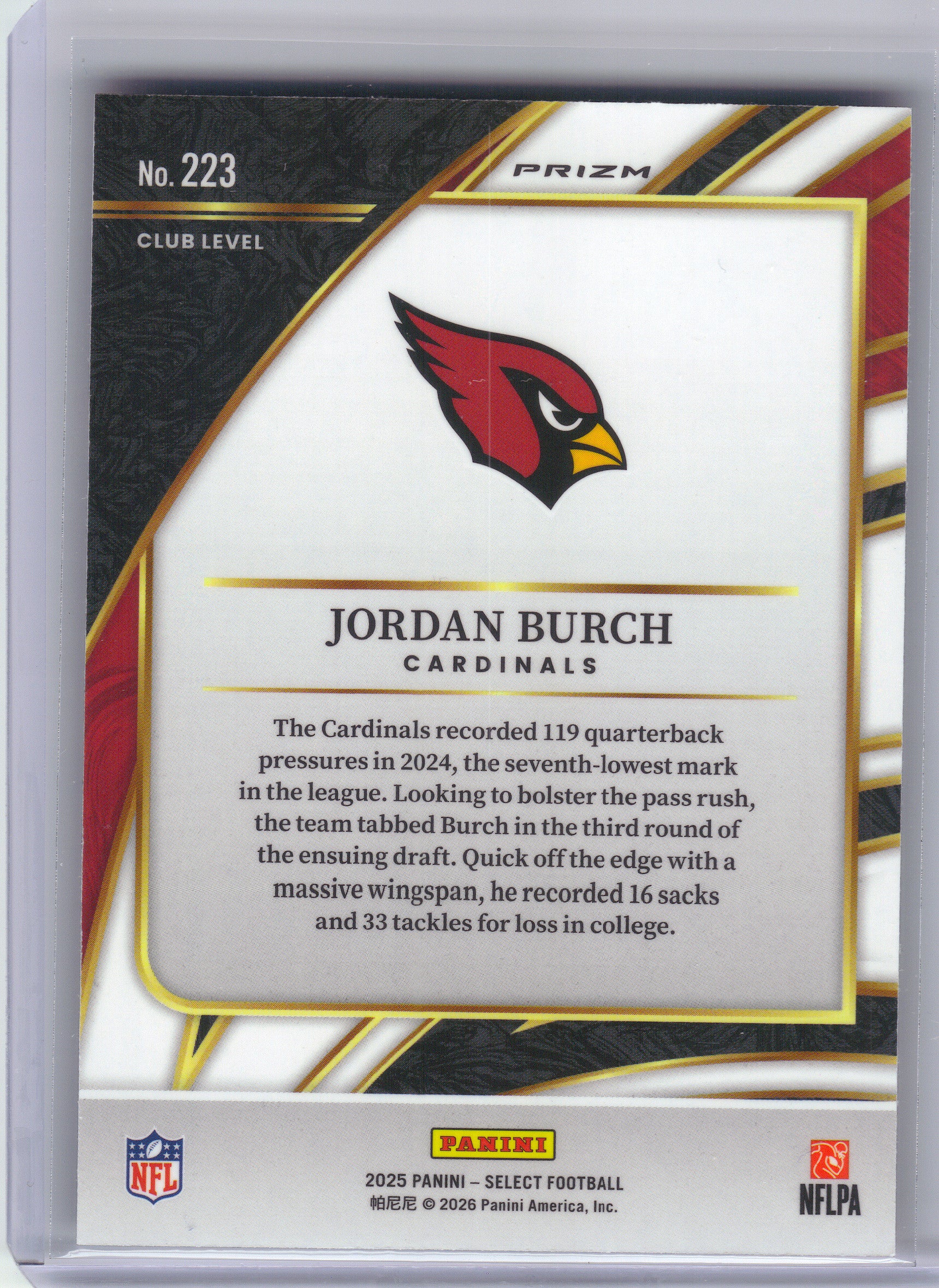 2025 Panini Select #223 Jordan Burch Pink Prizm Shock Arizona Cardinals