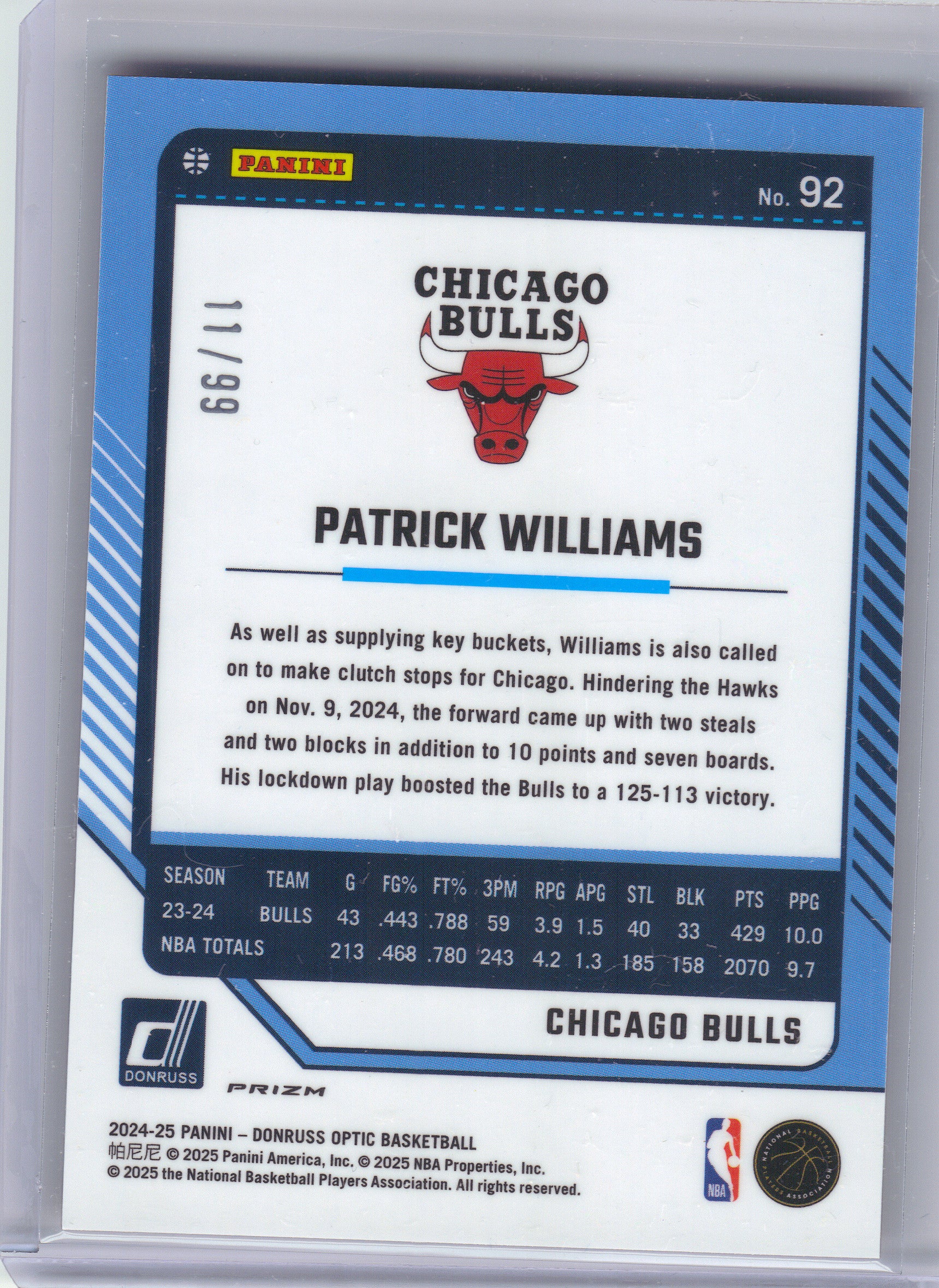 2024-25 Donruss Optic #92 Patrick Williams Red and Gold International #/99 Chicago Bulls SN