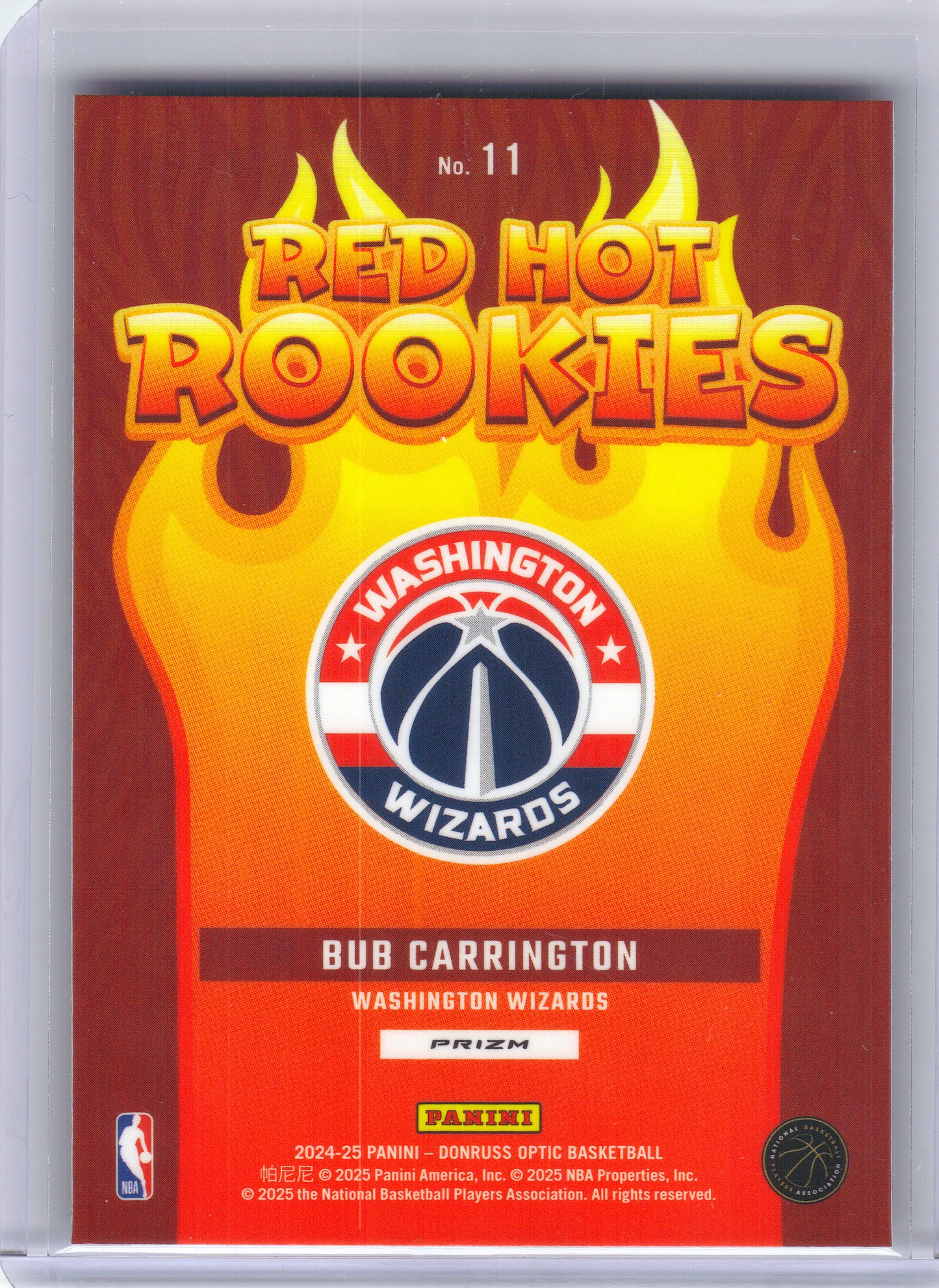 2024-25 Donruss Optic #11 Bub Carrington Red Hot Rookies Holo Washington Wizards