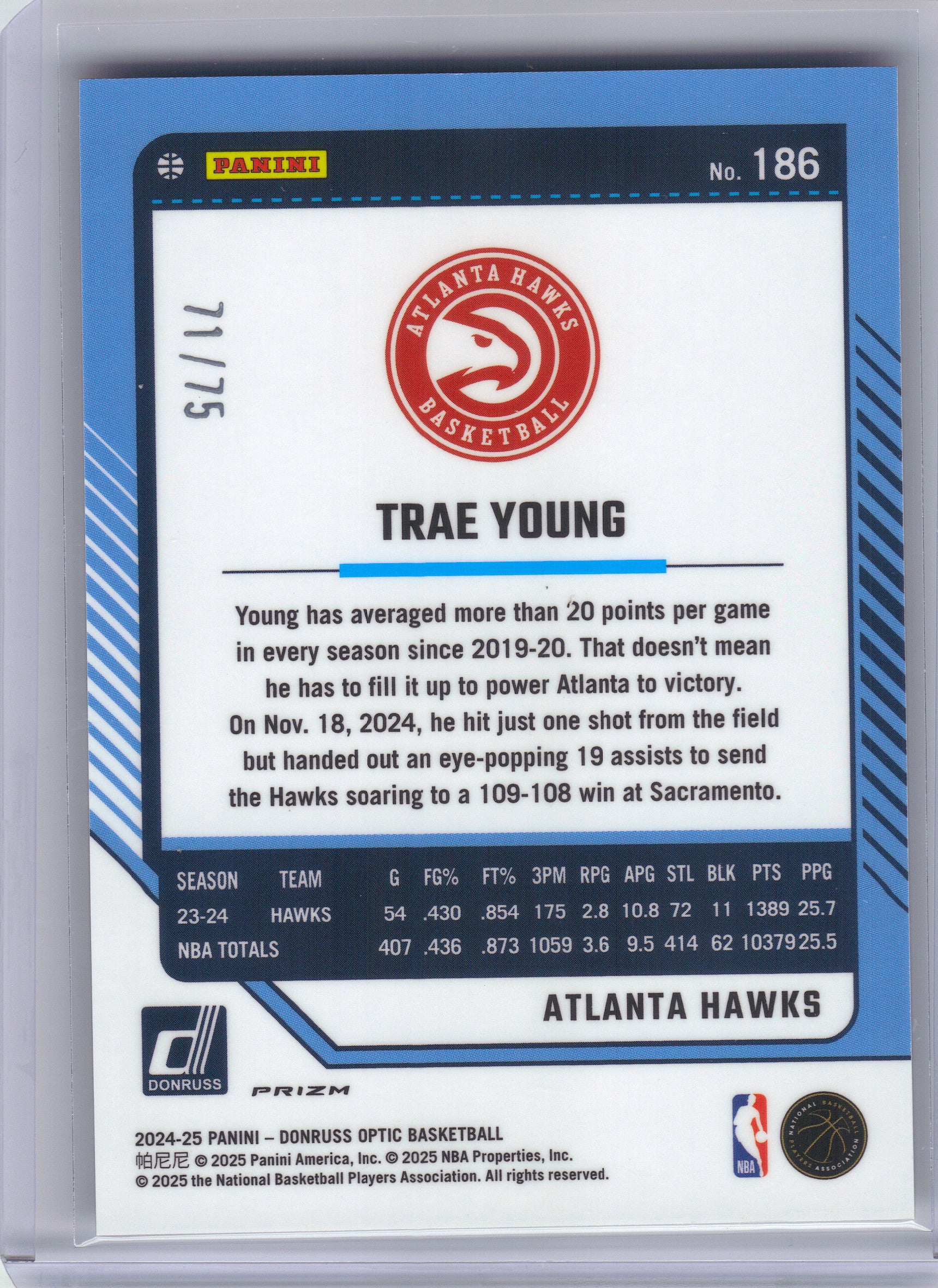 2024-25 Donruss Optic #186 Trae Young Electricity International #/75 Atlanta Hawks SN
