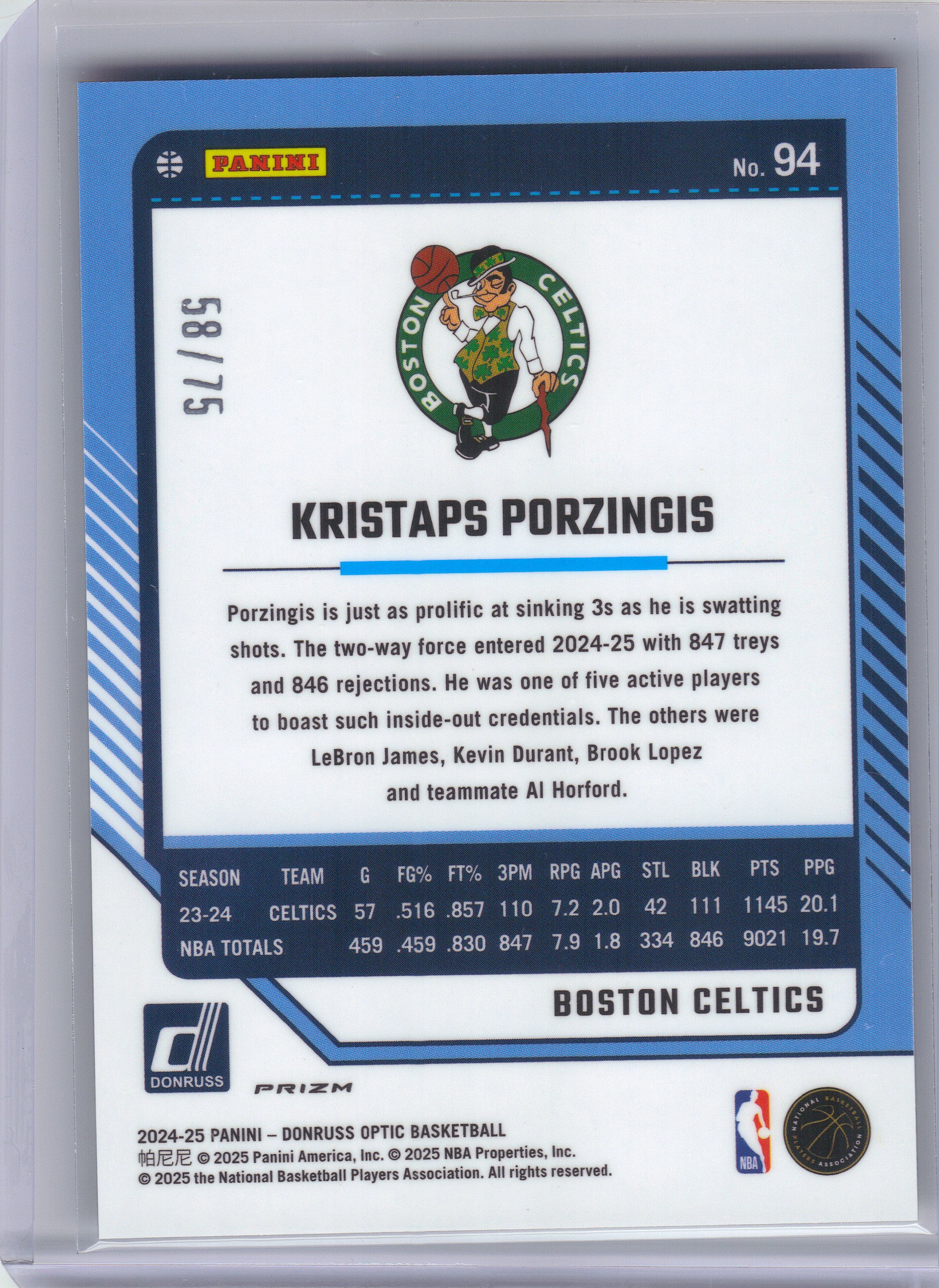 2024-25 Donruss Optic #94 Kristaps Porzingis Electricity International #/75 Boston Celtics SN