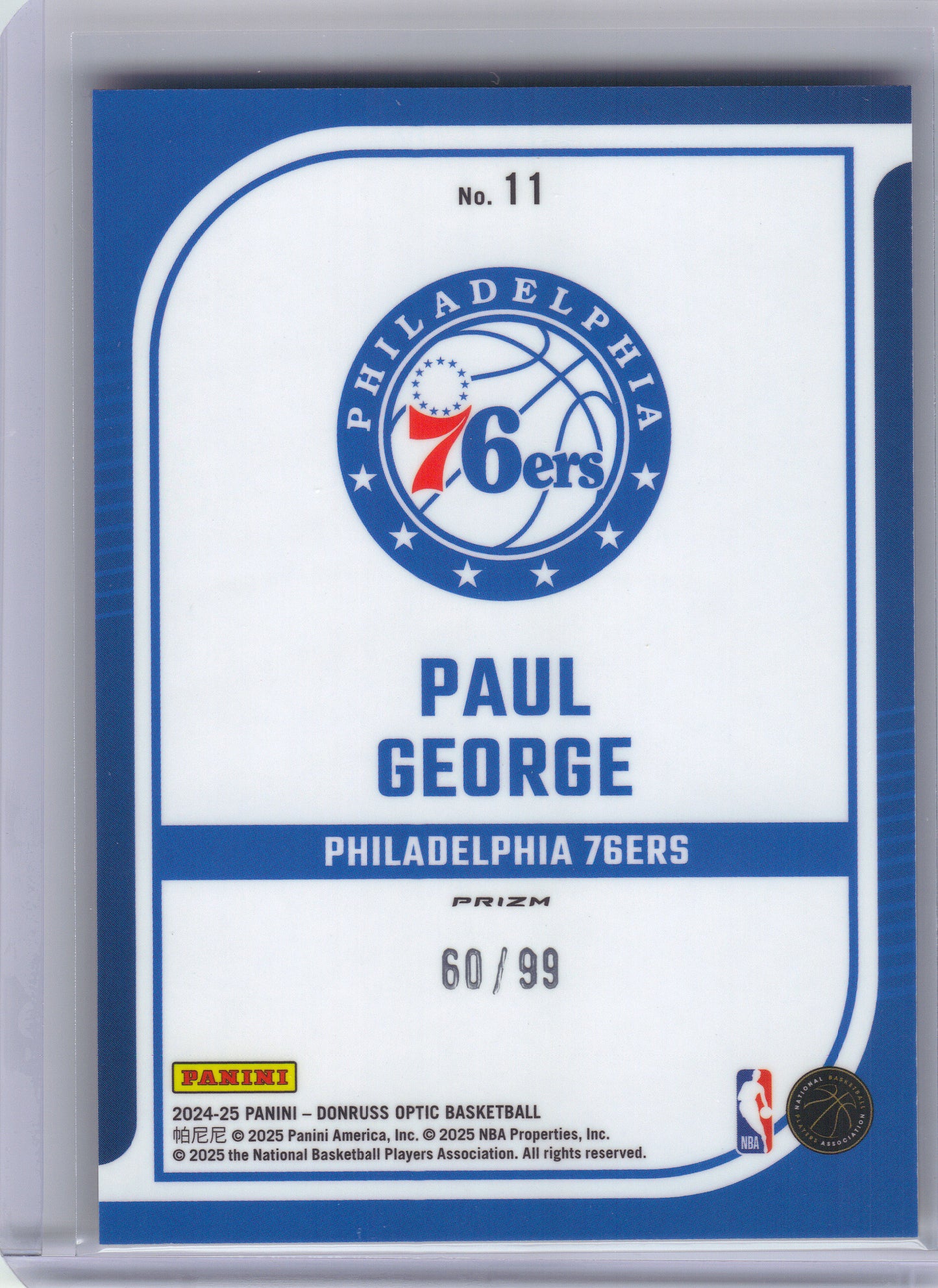 2024-25 Donruss Optic #11 Paul George Elite Dominators Red and Gold International #/99 Philadelphia 76ers SN
