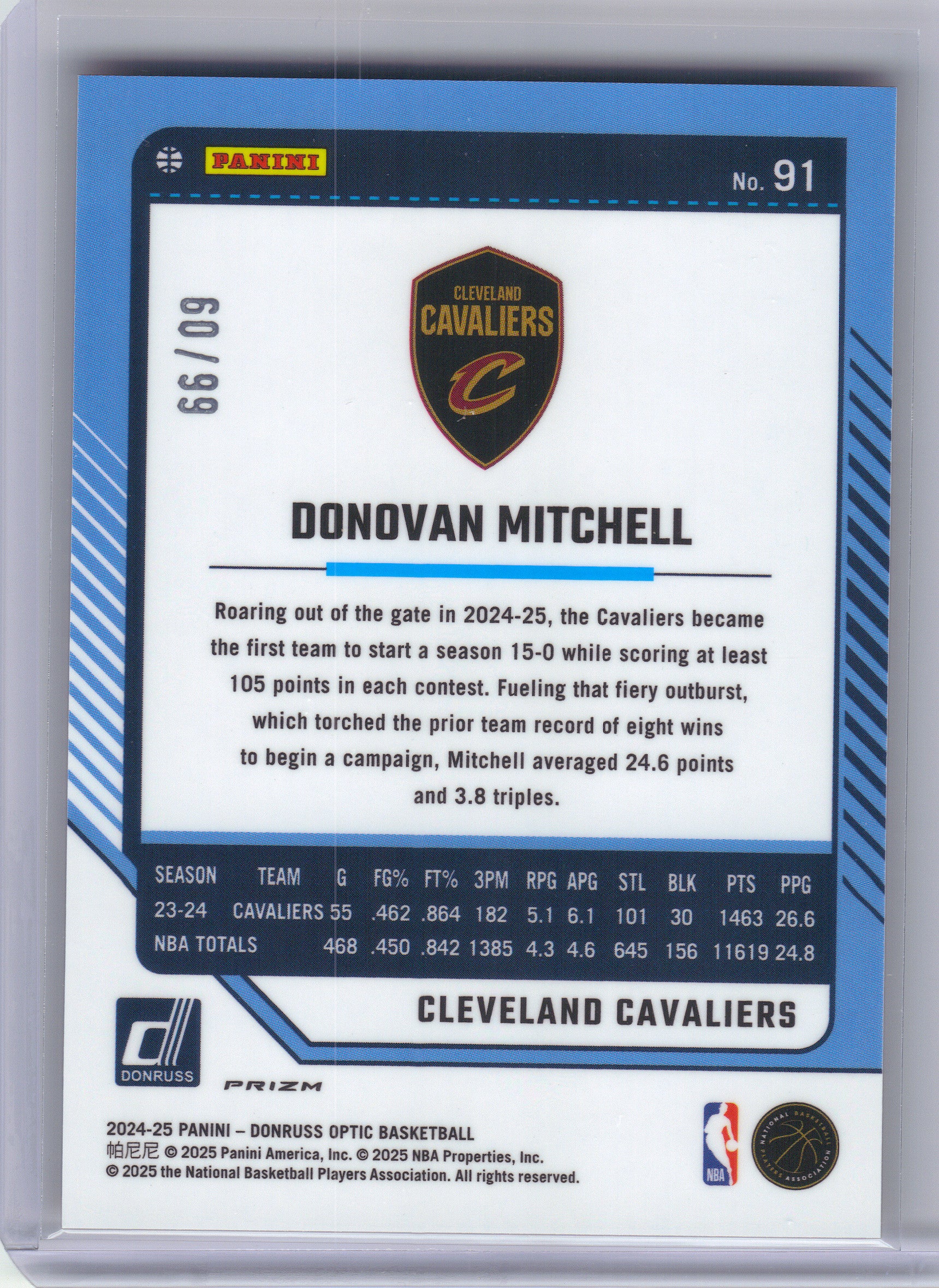 2024-25 Donruss Optic #91 Donovan Mitchell Red and Gold International #/99 Cleveland Cavaliers SN