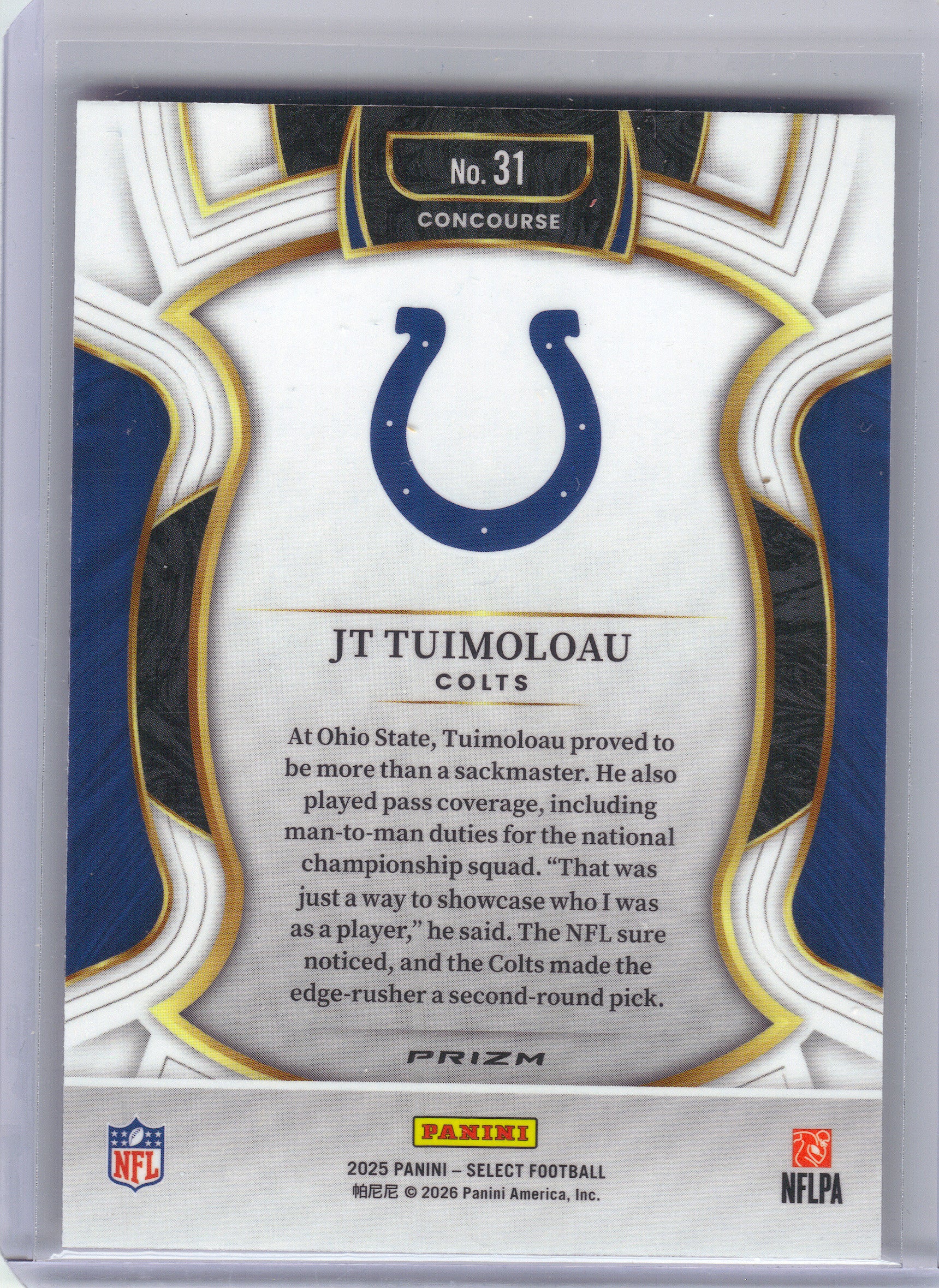 2025 Panini Select #31 JT Tuimoloau Pink Prizm Shock Indianapolis Colts Rookie