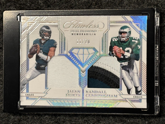 2023 Panini Flawless #DDM-PHL Jalen Hurts / Randall Cunningham Dual Diamond Memorabilia Silver #/20 Philadelphia Eagles SN, Memorabilia