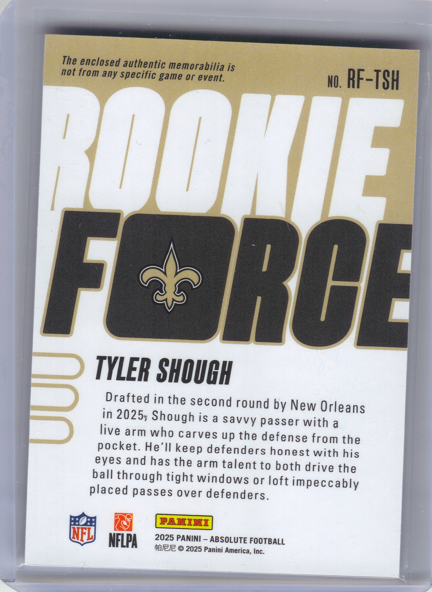 2025 Panini Absolute #RF-TSH Tyler Shough Rookie Force New Orleans Saints Memorabilia