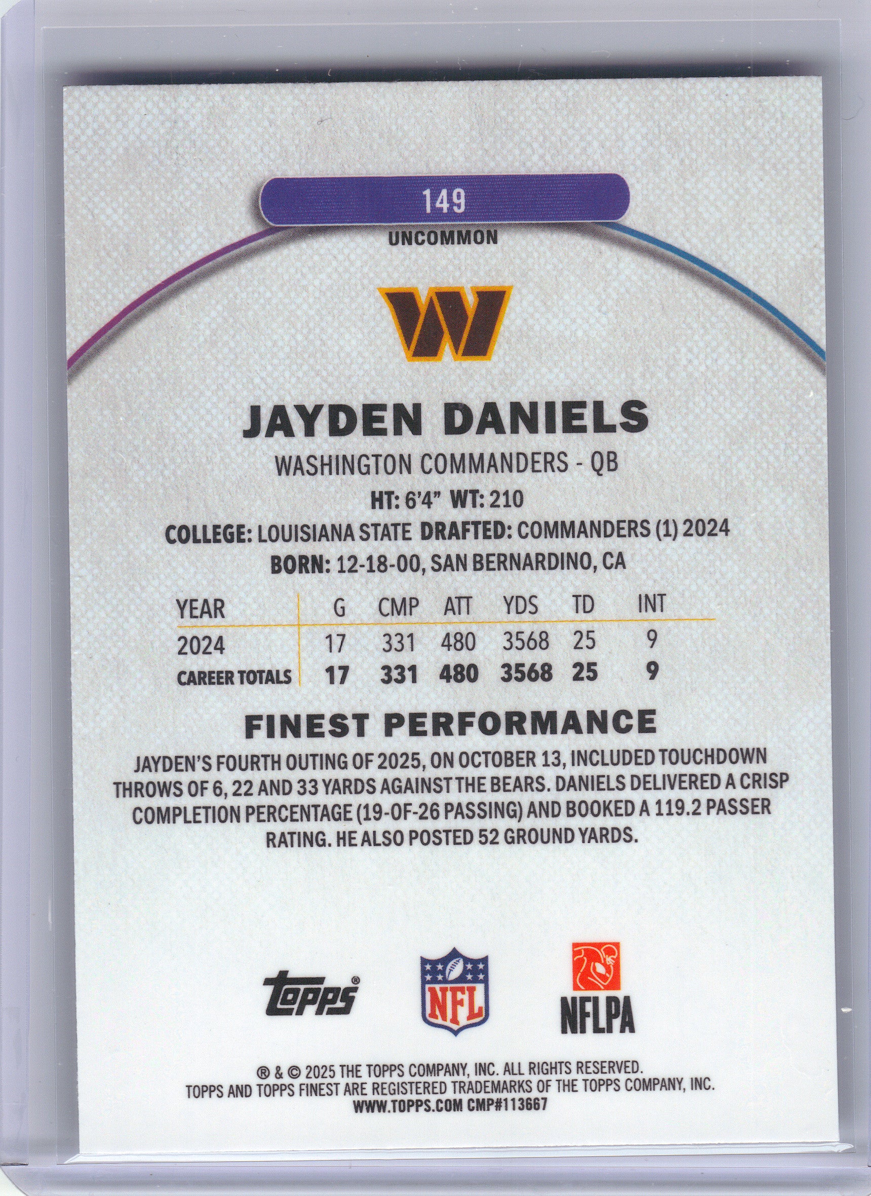 2025 Finest #149 Jayden Daniels Purple Refractor #/200 Washington Commanders SN