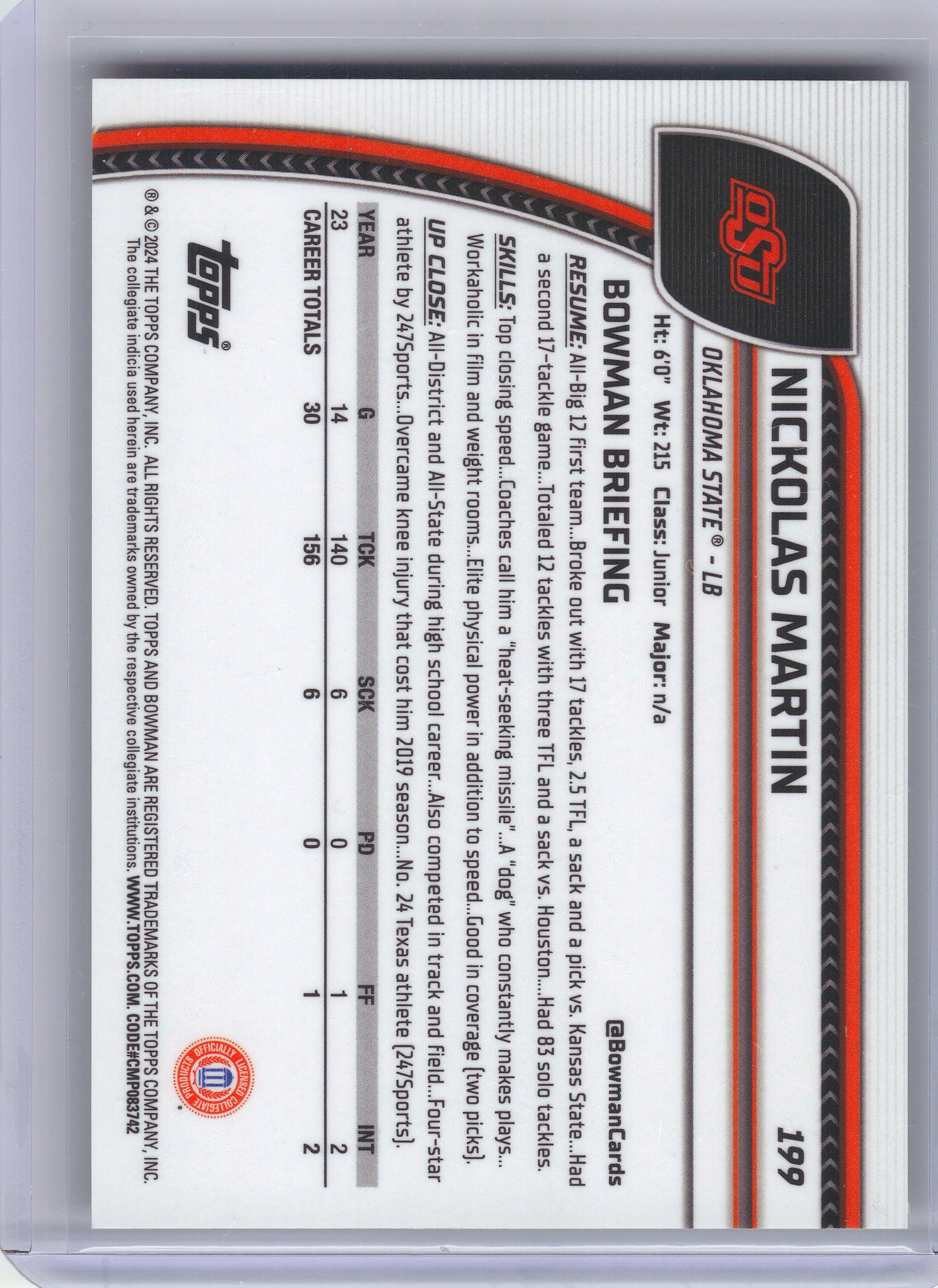 2024 Bowman University Chrome #199 Nickolas Martin Yellow Refractor #/75 Oklahoma State Cowboys SN