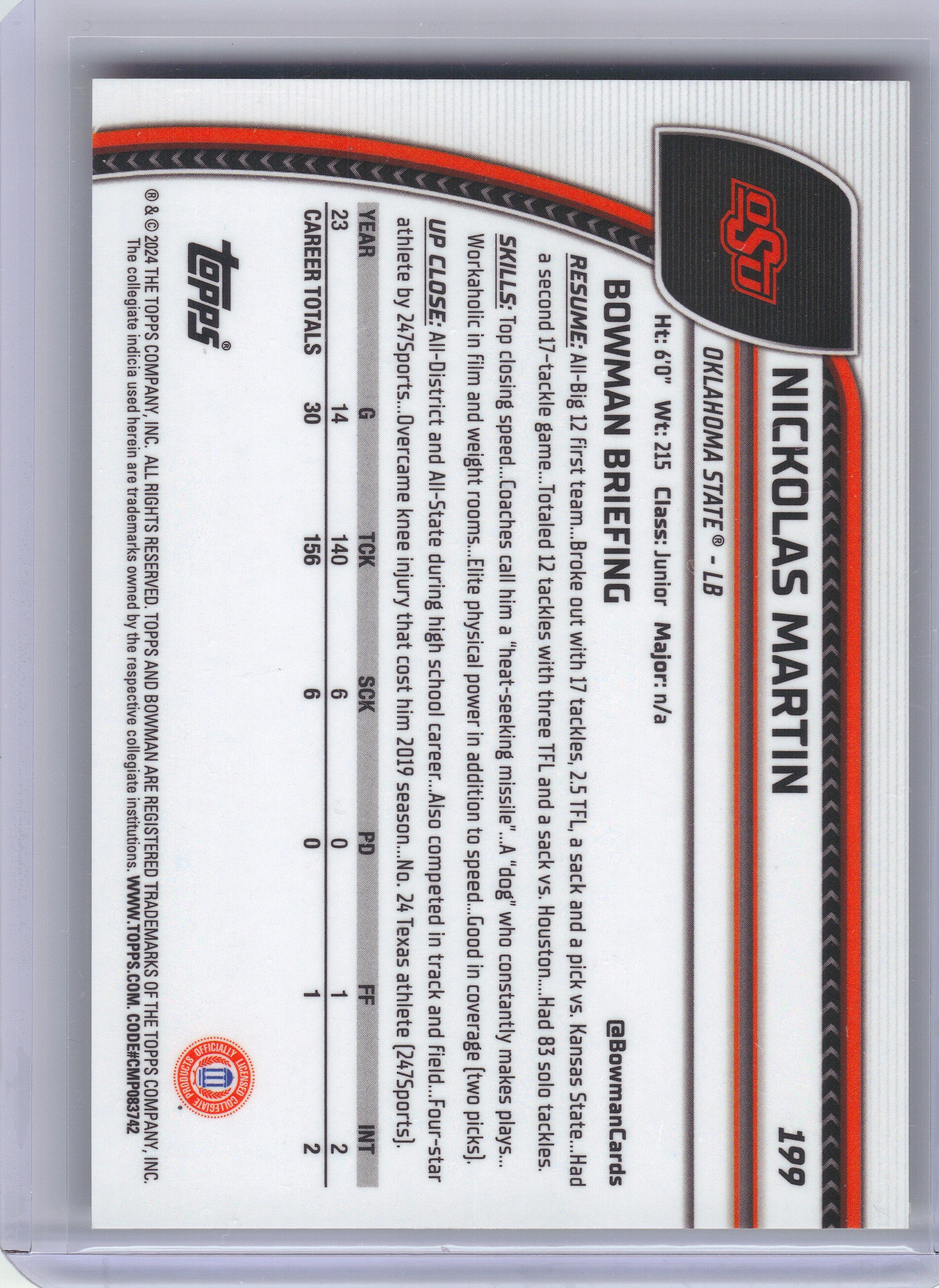 2024 Bowman University Chrome #199 Nickolas Martin Yellow Refractor #/75 Oklahoma State Cowboys SN