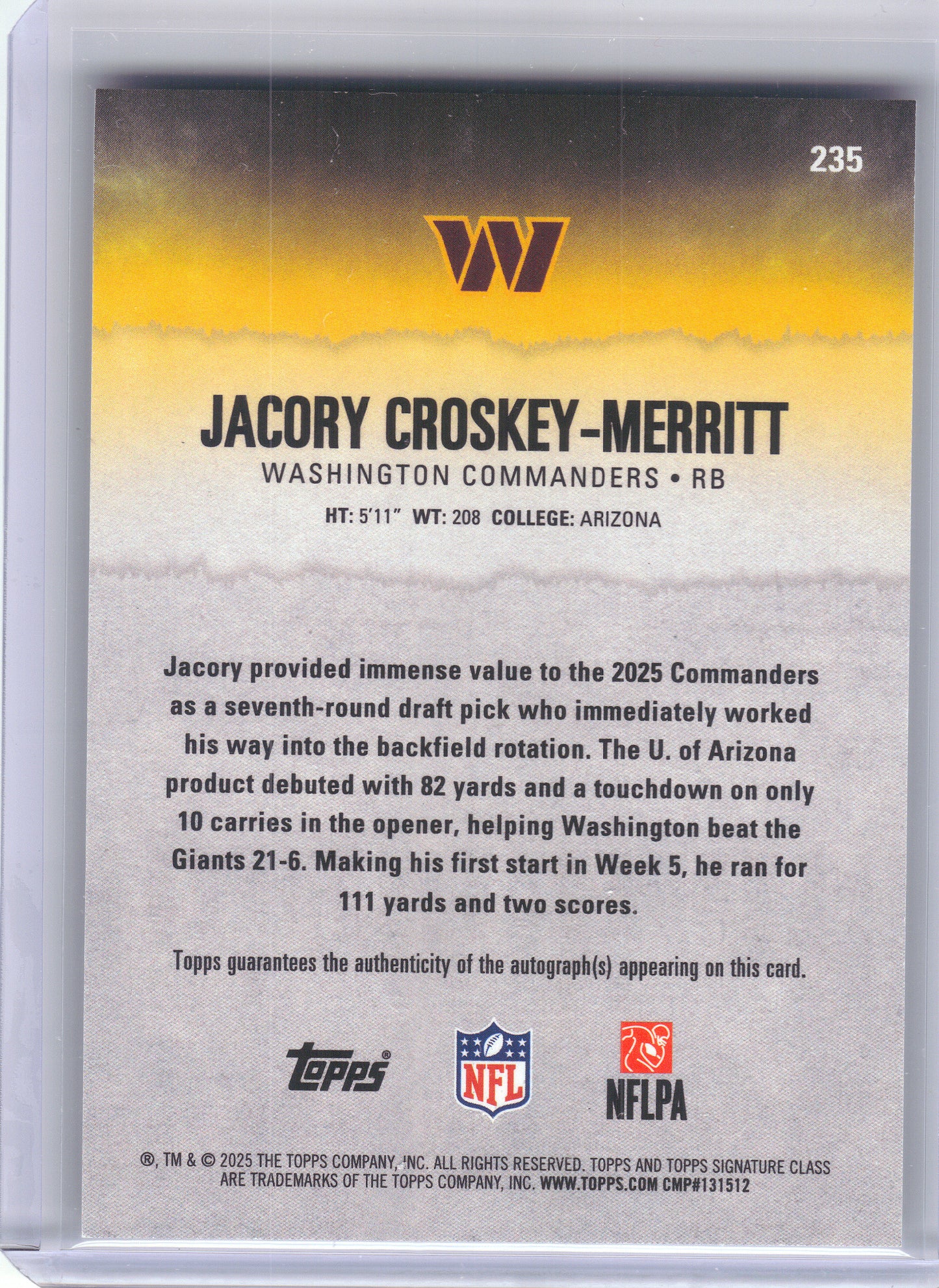 2025 Topps Signature Class #235 Jacory Croskey-Merritt Autographs Washington Commanders Rookie, Auto