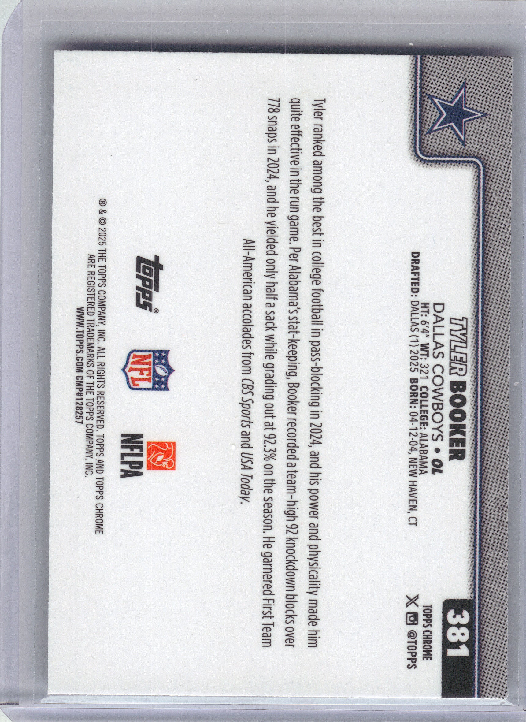 2025 Topps Chrome #381 Tyler Booker Dallas Cowboys Rookie