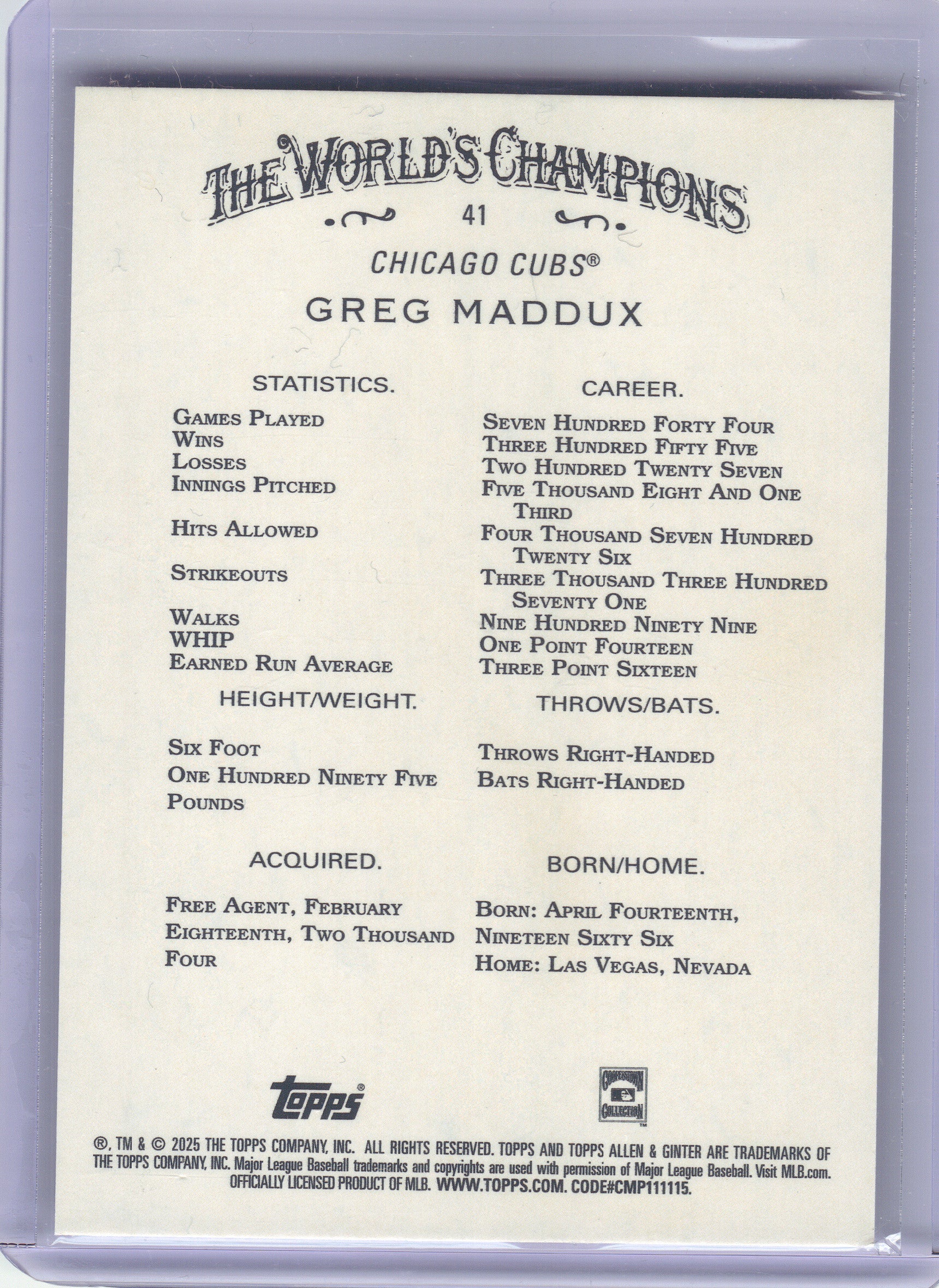 2025 Topps Allen & Ginter #41 Greg Maddux Silver Portrait Chicago Cubs