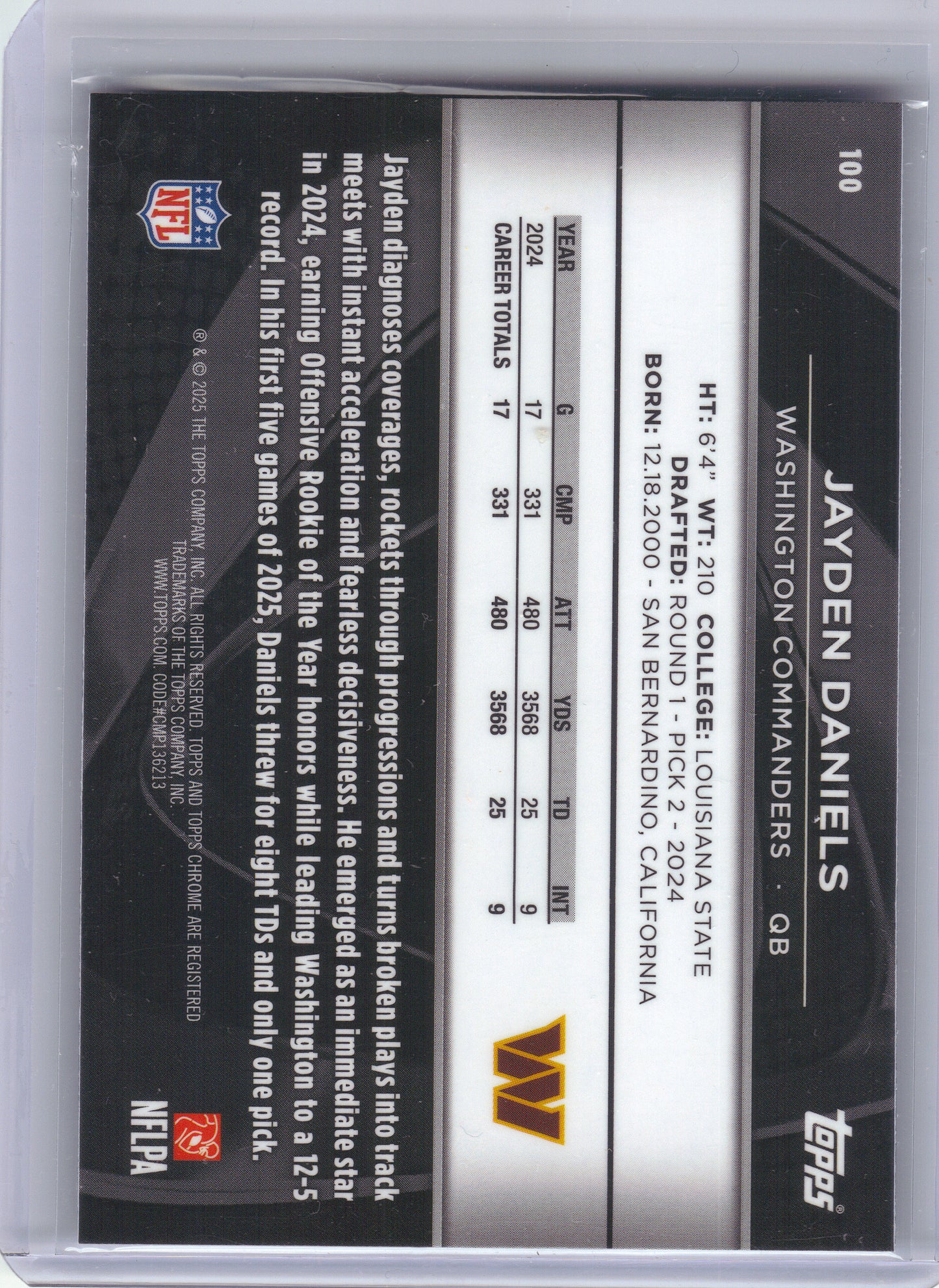 2025 Topps Chrome Black #100 Jayden Daniels Washington Commanders