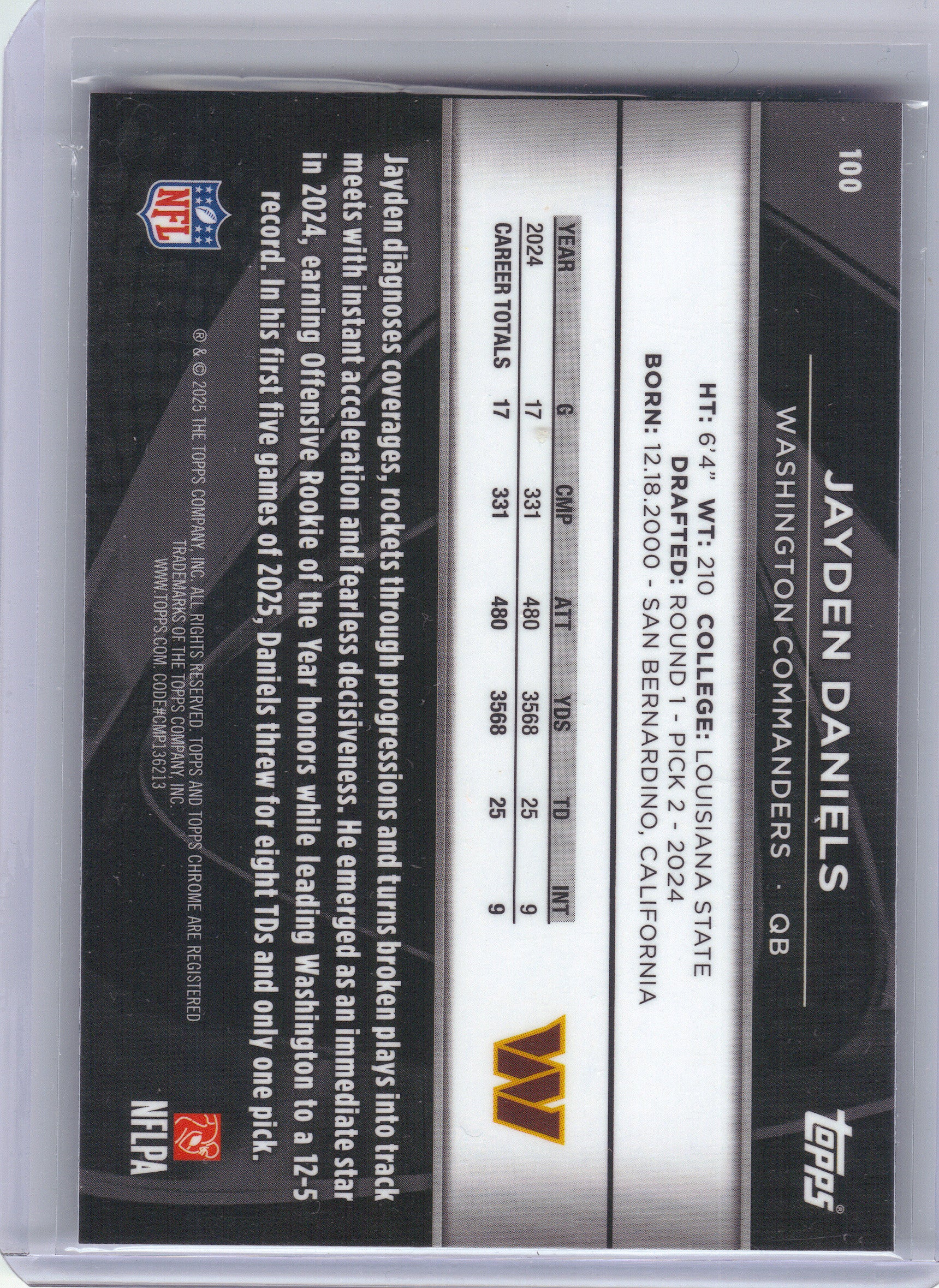 2025 Topps Chrome Black #100 Jayden Daniels Washington Commanders