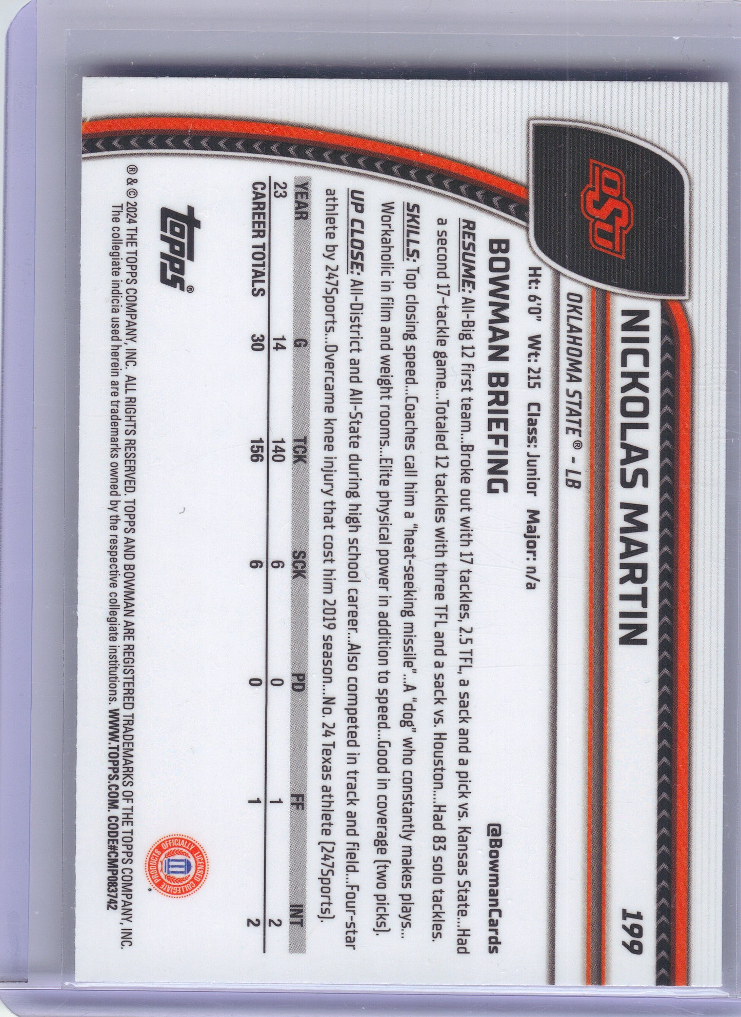2024 Bowman University Chrome #199 Nickolas Martin Oklahoma State Cowboys