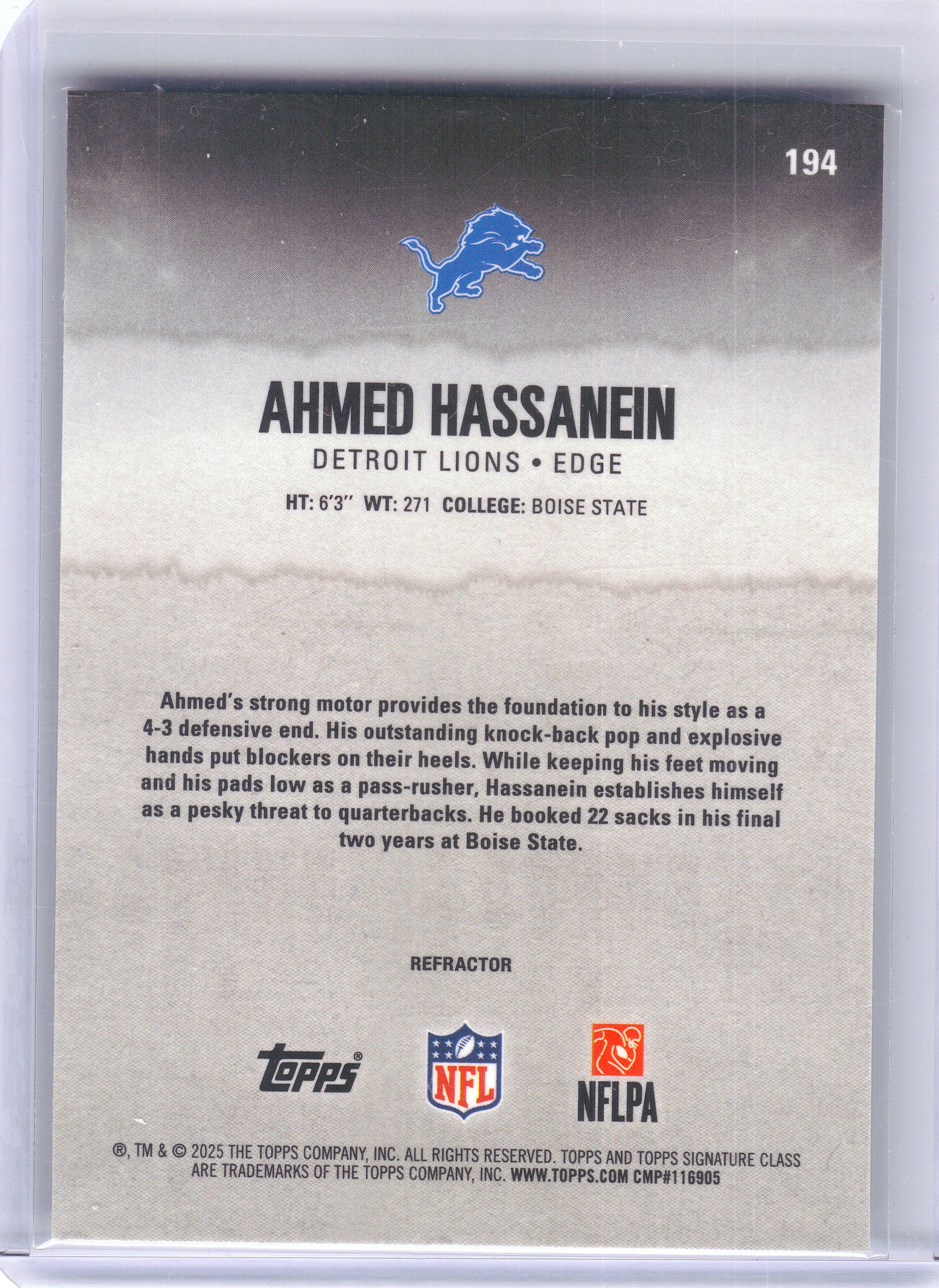 2025 Topps Signature Class #194 Ahmed Hassanein Chrome Detroit Lions Rookie