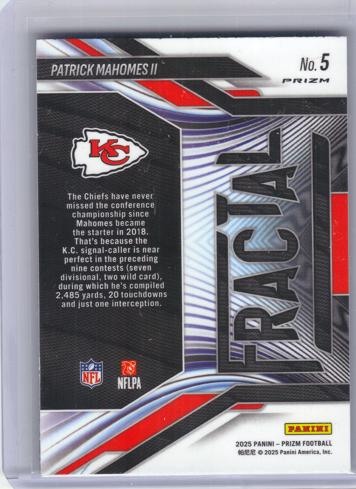 2025 Panini Prizm #5 Patrick Mahomes II Fractal Green Ice Kansas City Chiefs