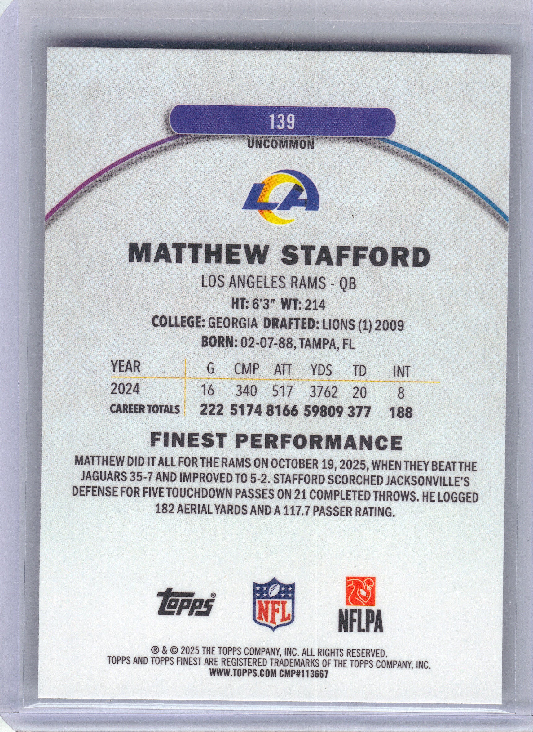 2025 Finest #139 Matthew Stafford Los Angeles Rams
