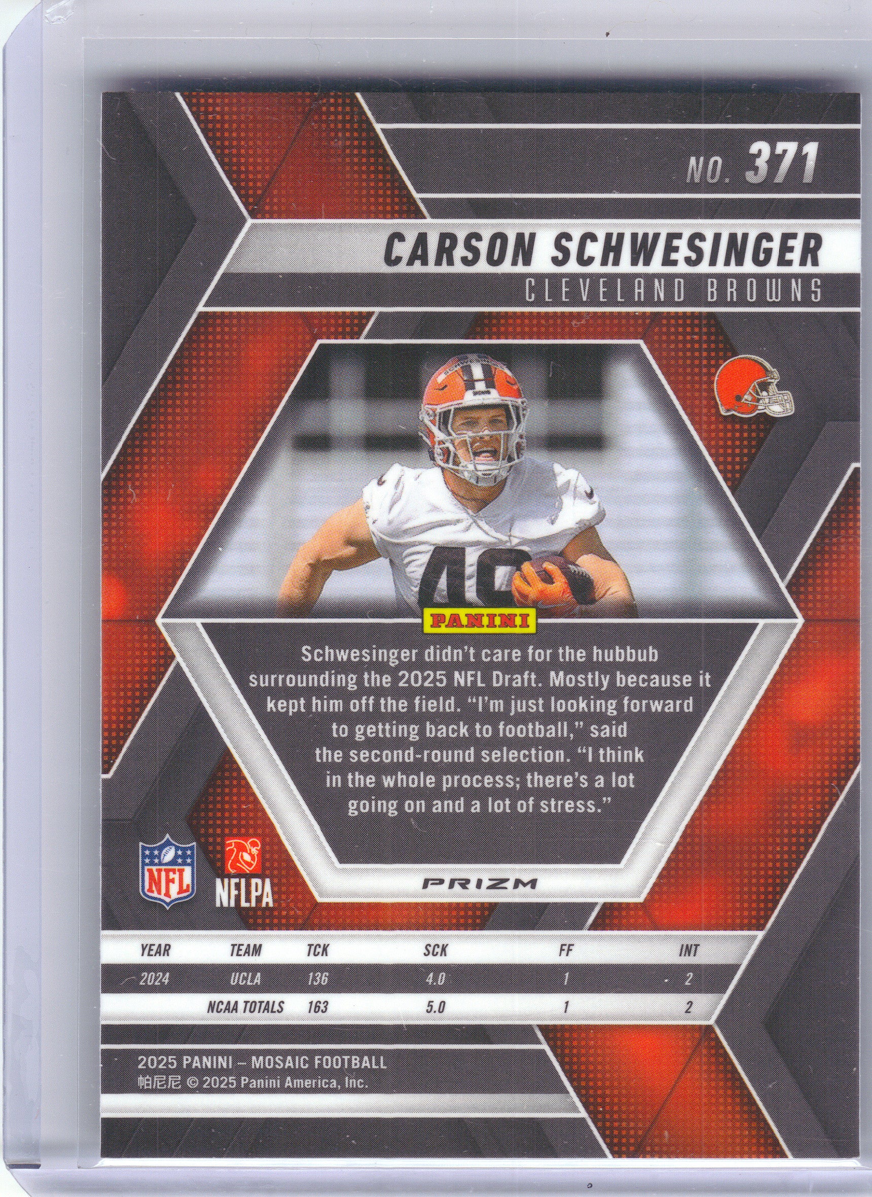 2025 Panini Mosaic #371 Carson Schwesinger Mosaic Cleveland Browns Rookie
