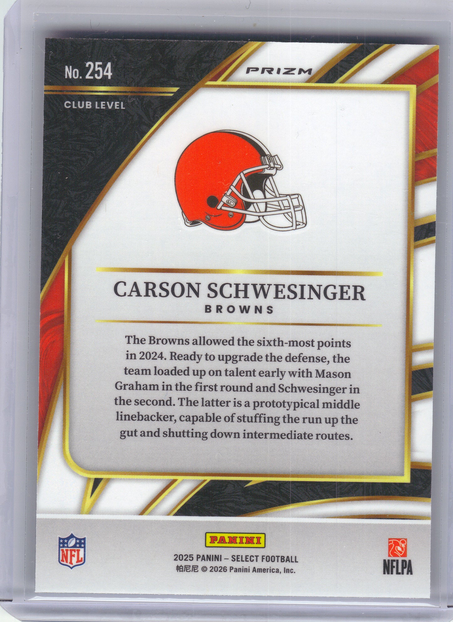 2025 Panini Select #254 Carson Schwesinger Pink Prizm Shock Cleveland Browns Rookie