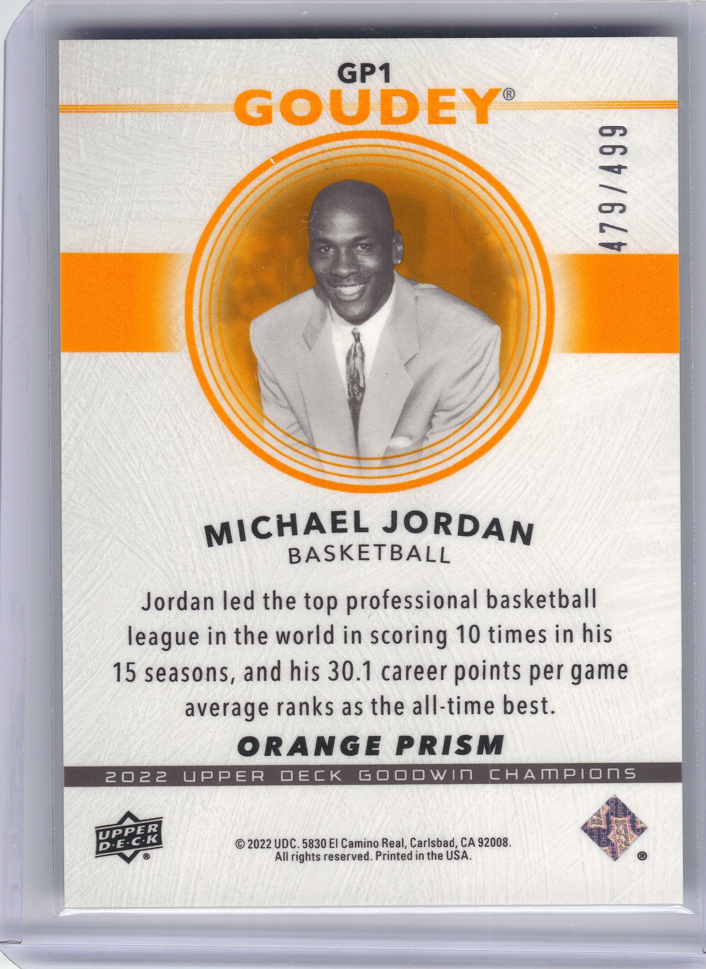 2022 Upper Deck Goodwin Champions #GP1 Michael Jordan Goudey Platinum Orange Prism #/499 SN