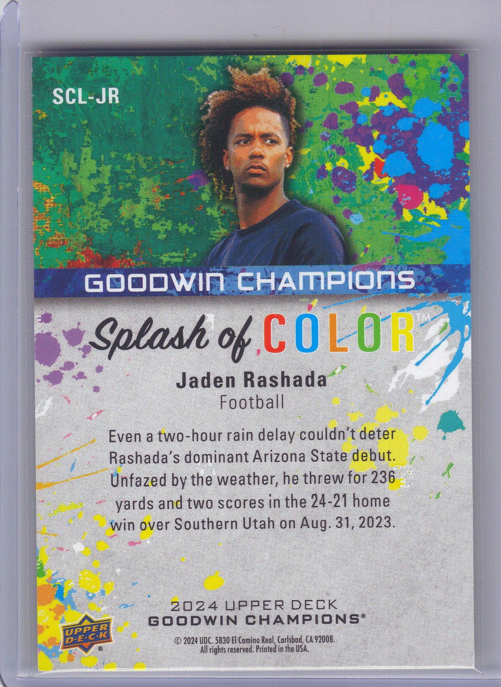 2024 Upper Deck Goodwin Champions #SCL-JR Jaden Rashada Splash of Color 3-D Lenticular
