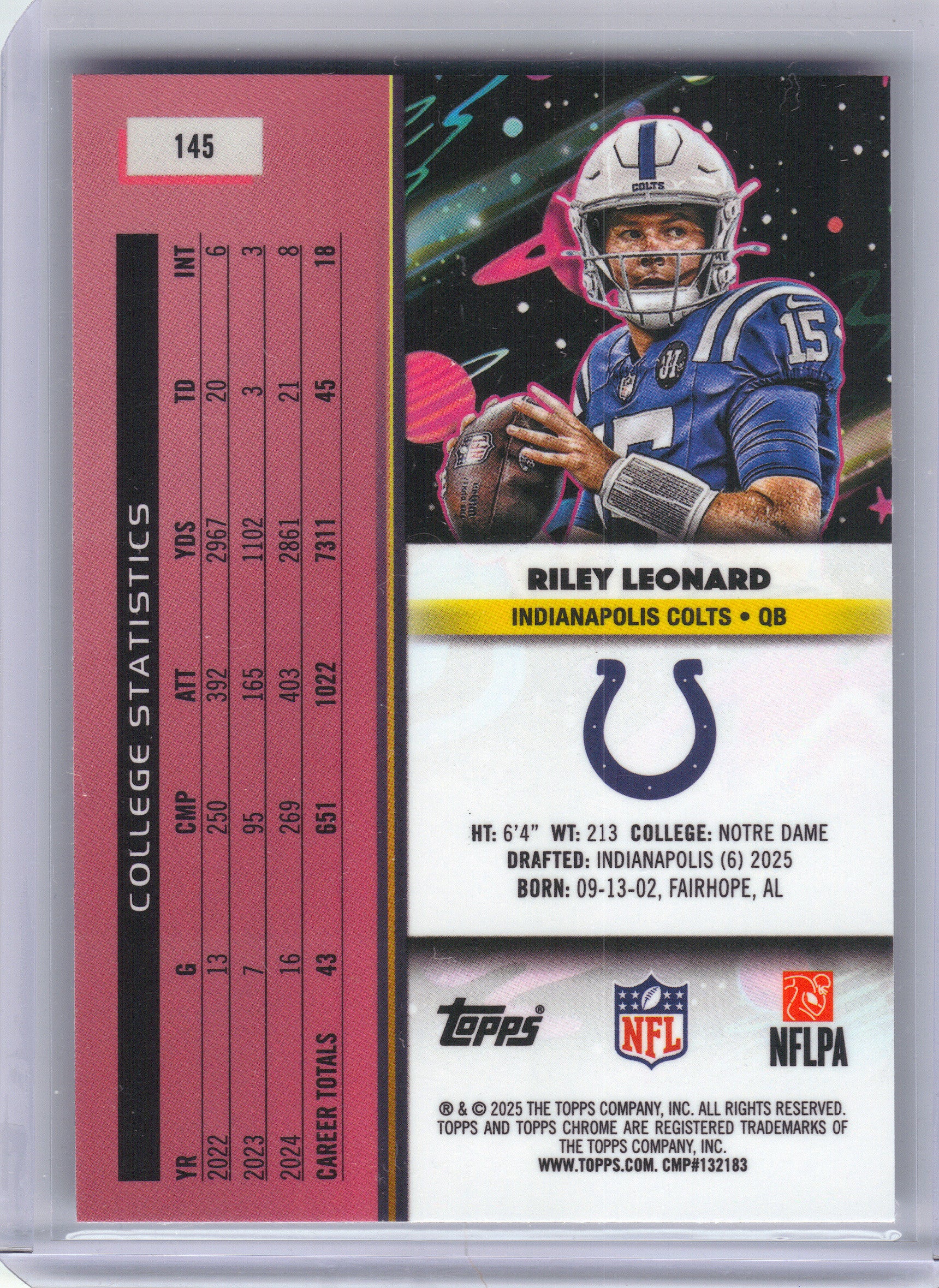 2025 Topps Chrome Cosmic #145 Riley Leonard Indianapolis Colts Rookie