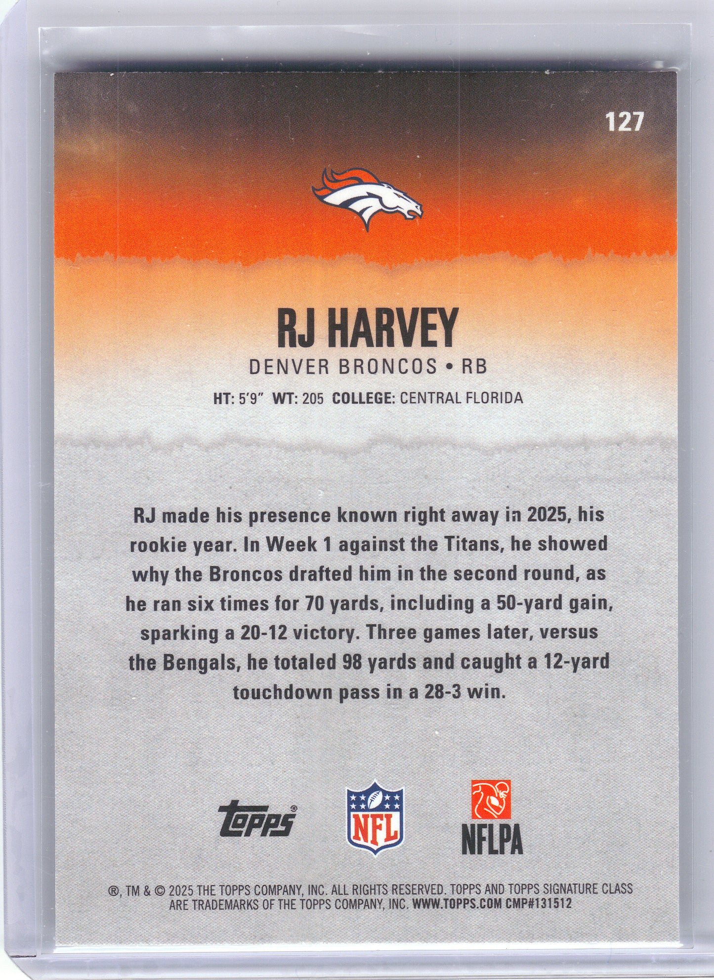 2025 Topps Signature Class #127 RJ Harvey Denver Broncos Rookie