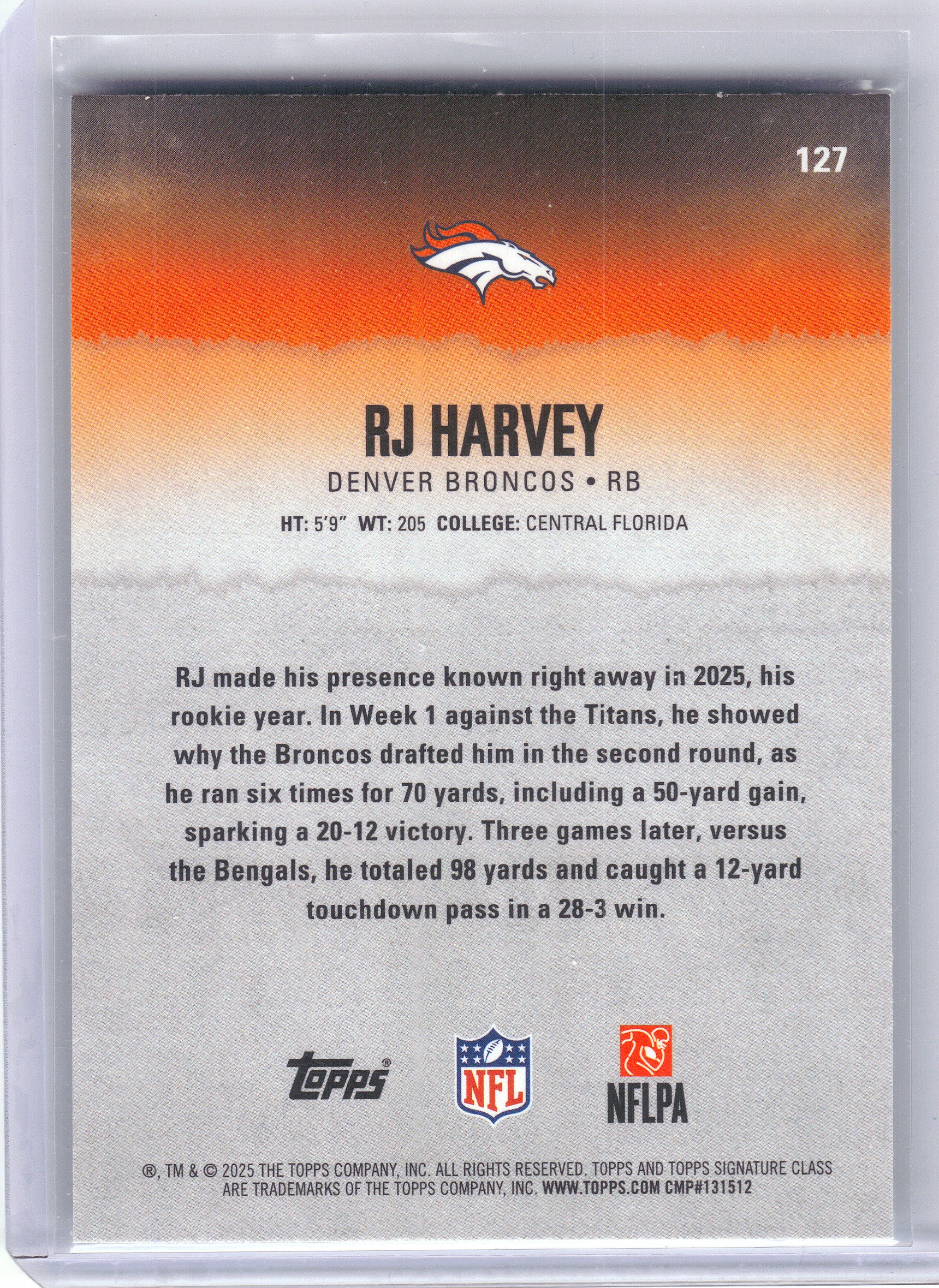 2025 Topps Signature Class #127 RJ Harvey Denver Broncos Rookie