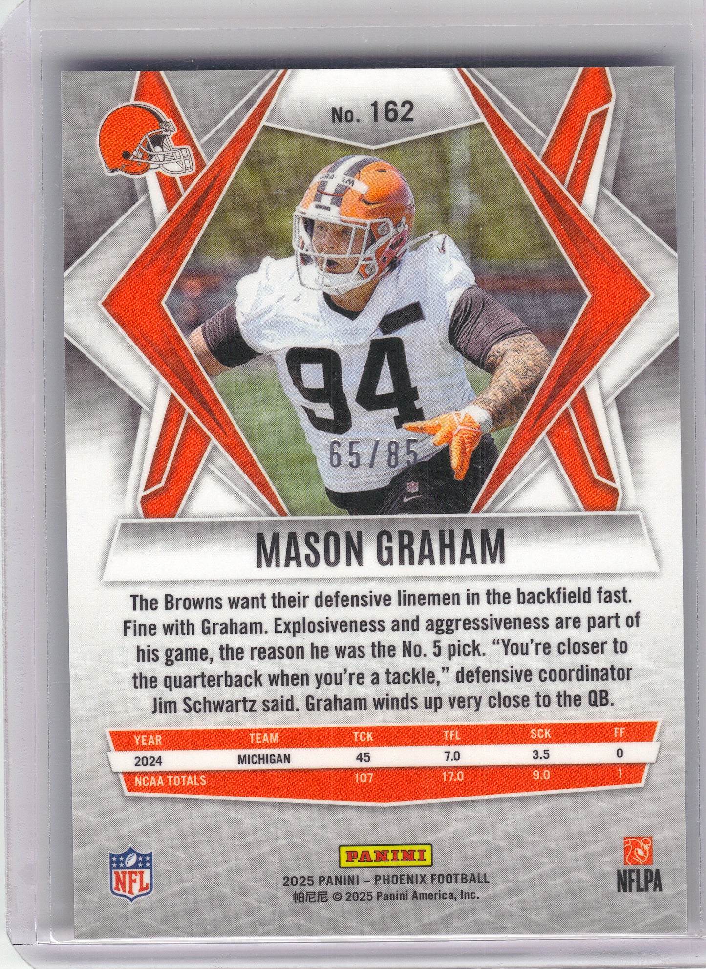 2025 Panini Phoenix #162 Mason Graham Light Blue Mojo Prizm #/85 Cleveland Browns SN, Rookie