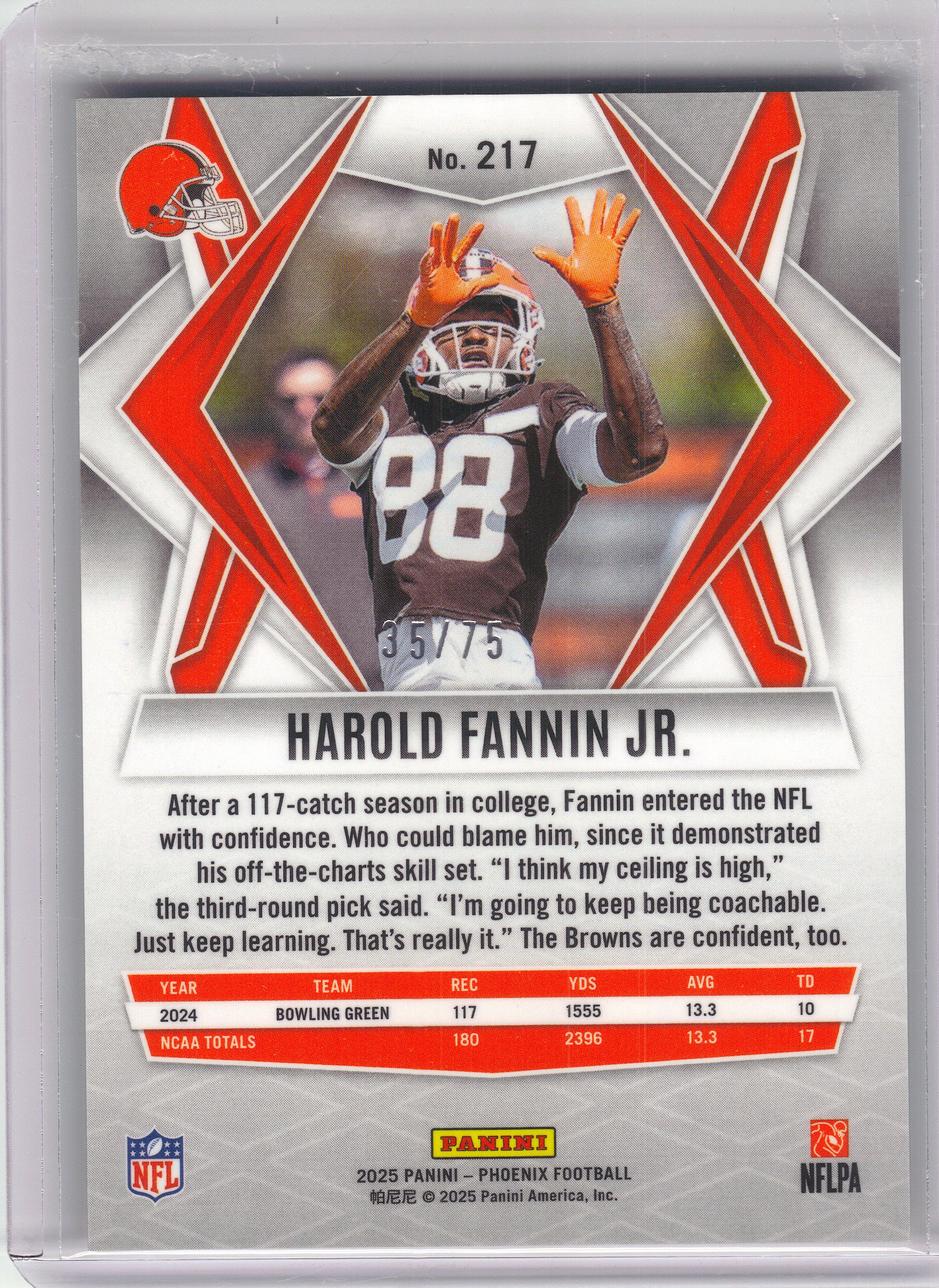 2025 Panini Phoenix #217 Harold Fannin Jr. Lime Green Mojo Prizm #/75 Cleveland Browns SN, Rookie