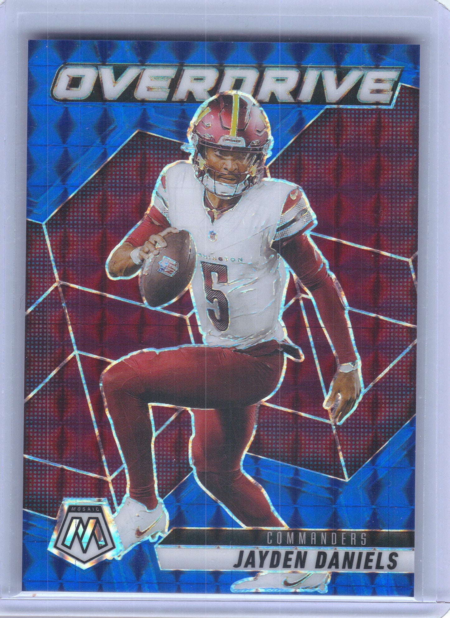 2025 Panini Mosaic #7 Jayden Daniels Overdrive Mosaic Blue #/99 Washington Commanders SN