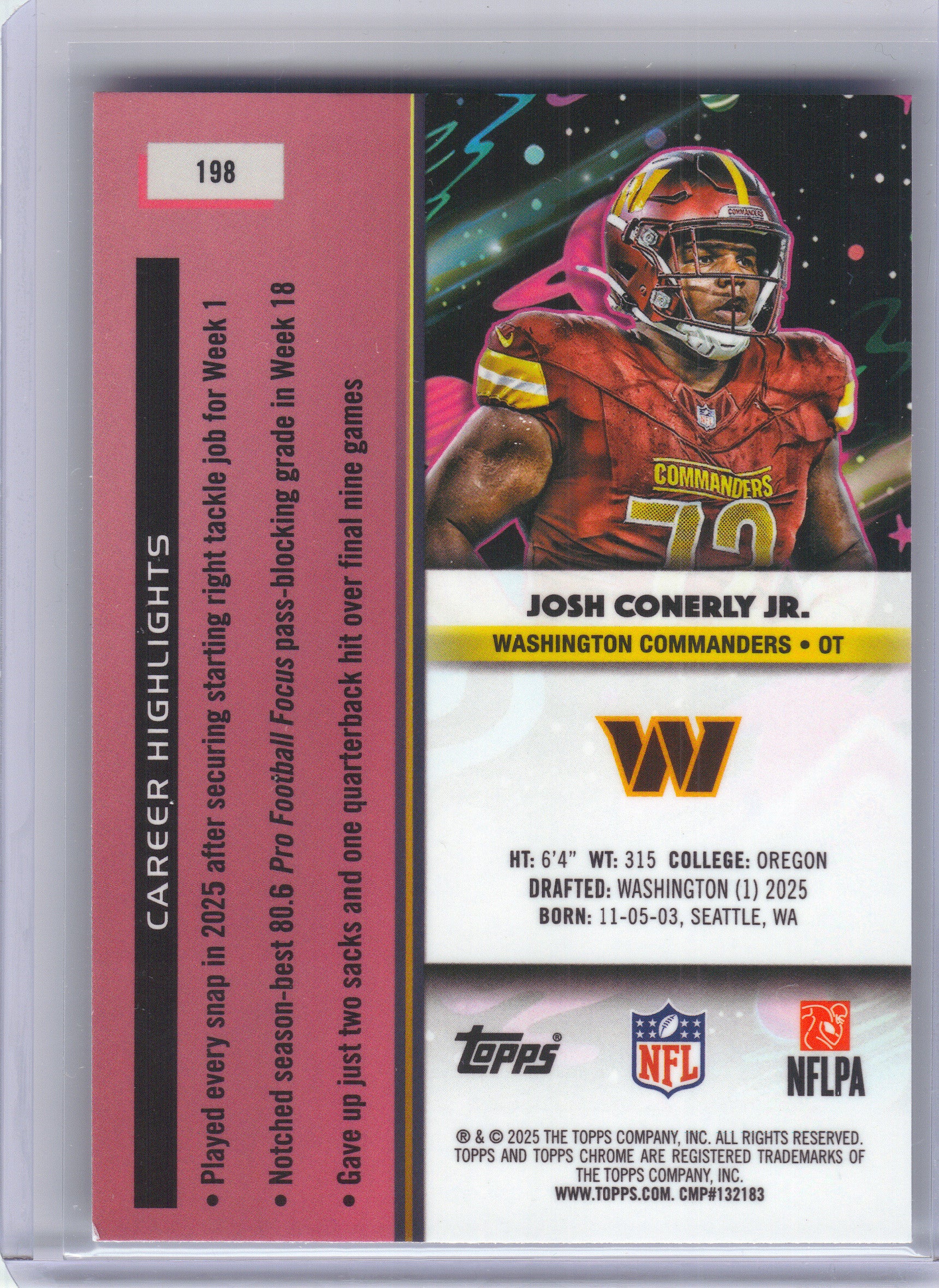 2025 Topps Chrome Cosmic #198 Josh Conerly Jr. Washington Commanders Rookie