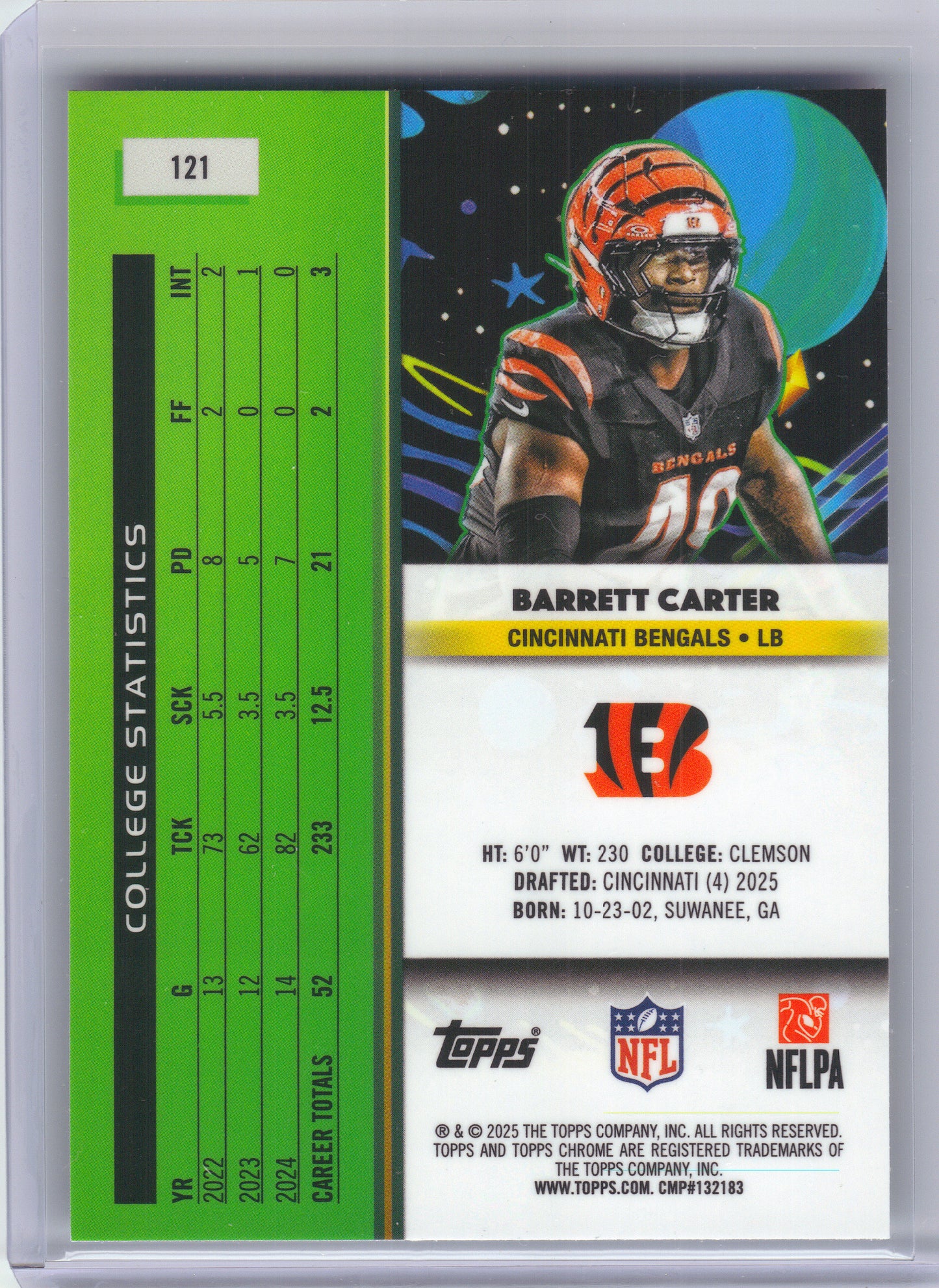 2025 Topps Chrome Cosmic #121 Barrett Carter Cincinnati Bengals Rookie