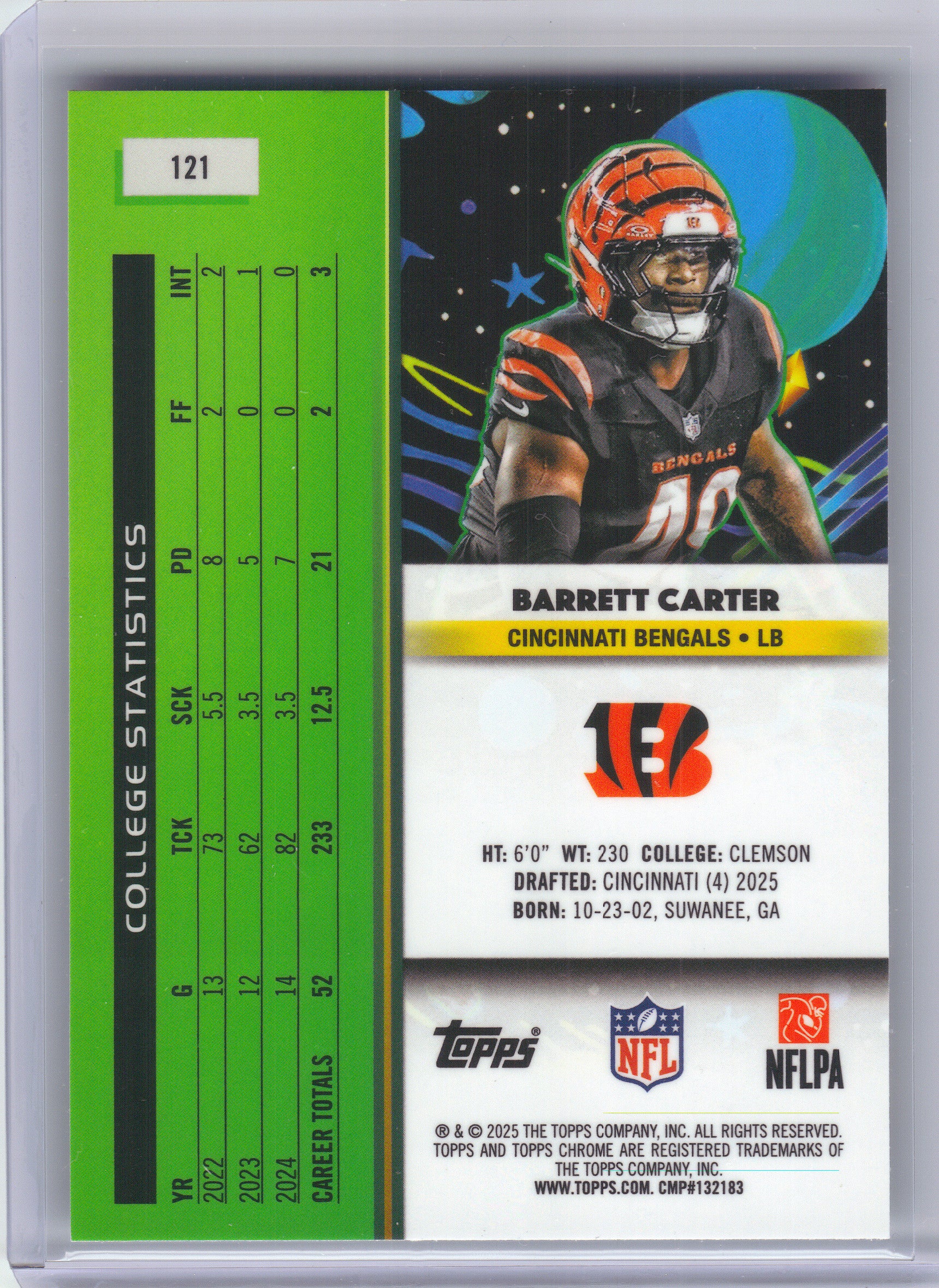2025 Topps Chrome Cosmic #121 Barrett Carter Cincinnati Bengals Rookie