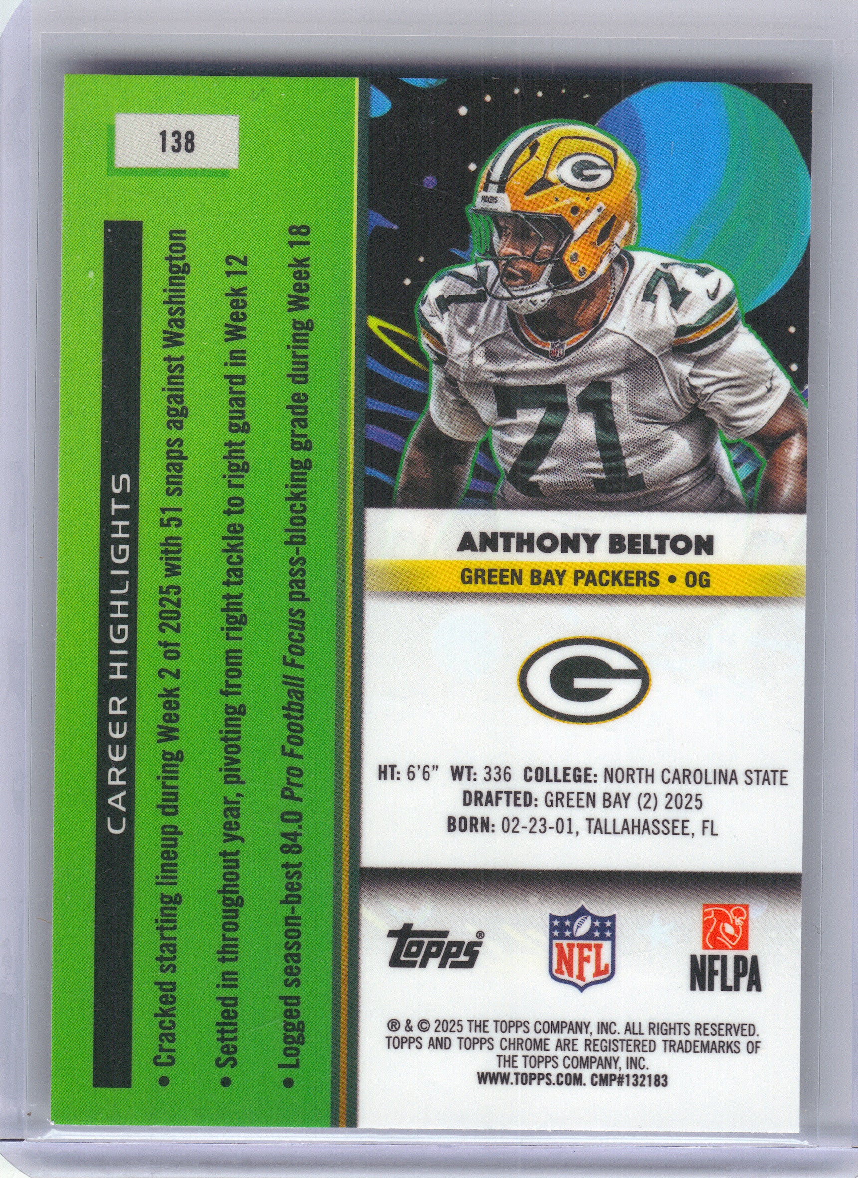 2025 Topps Chrome Cosmic #138 Anthony Belton Green Bay Packers Rookie