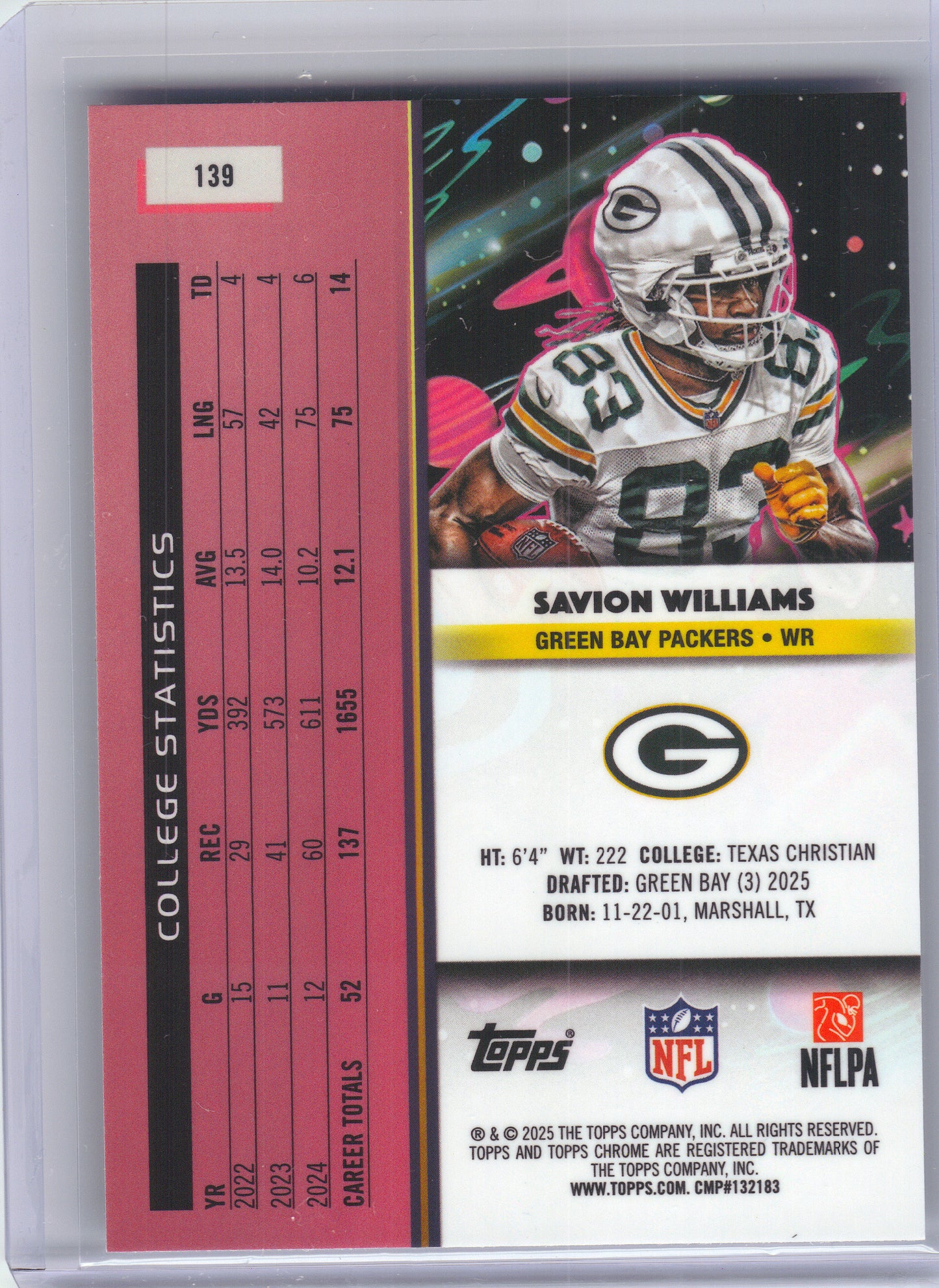 2025 Topps Chrome Cosmic #139 Savion Williams Green Bay Packers Rookie