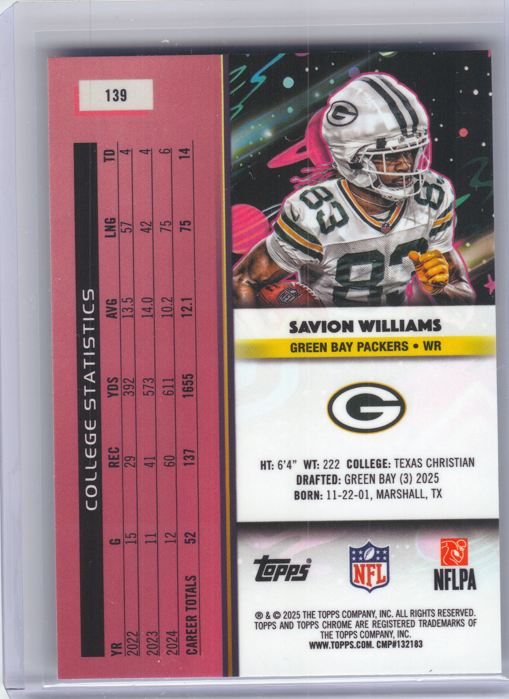 2025 Topps Chrome Cosmic #139 Savion Williams Green Bay Packers Rookie