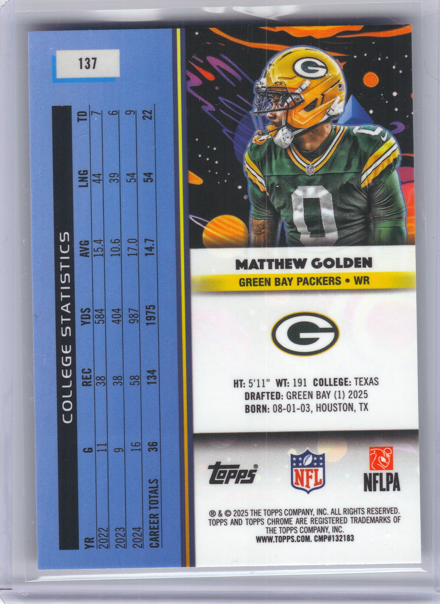 2025 Topps Chrome Cosmic #137 Matthew Golden Green Bay Packers Rookie