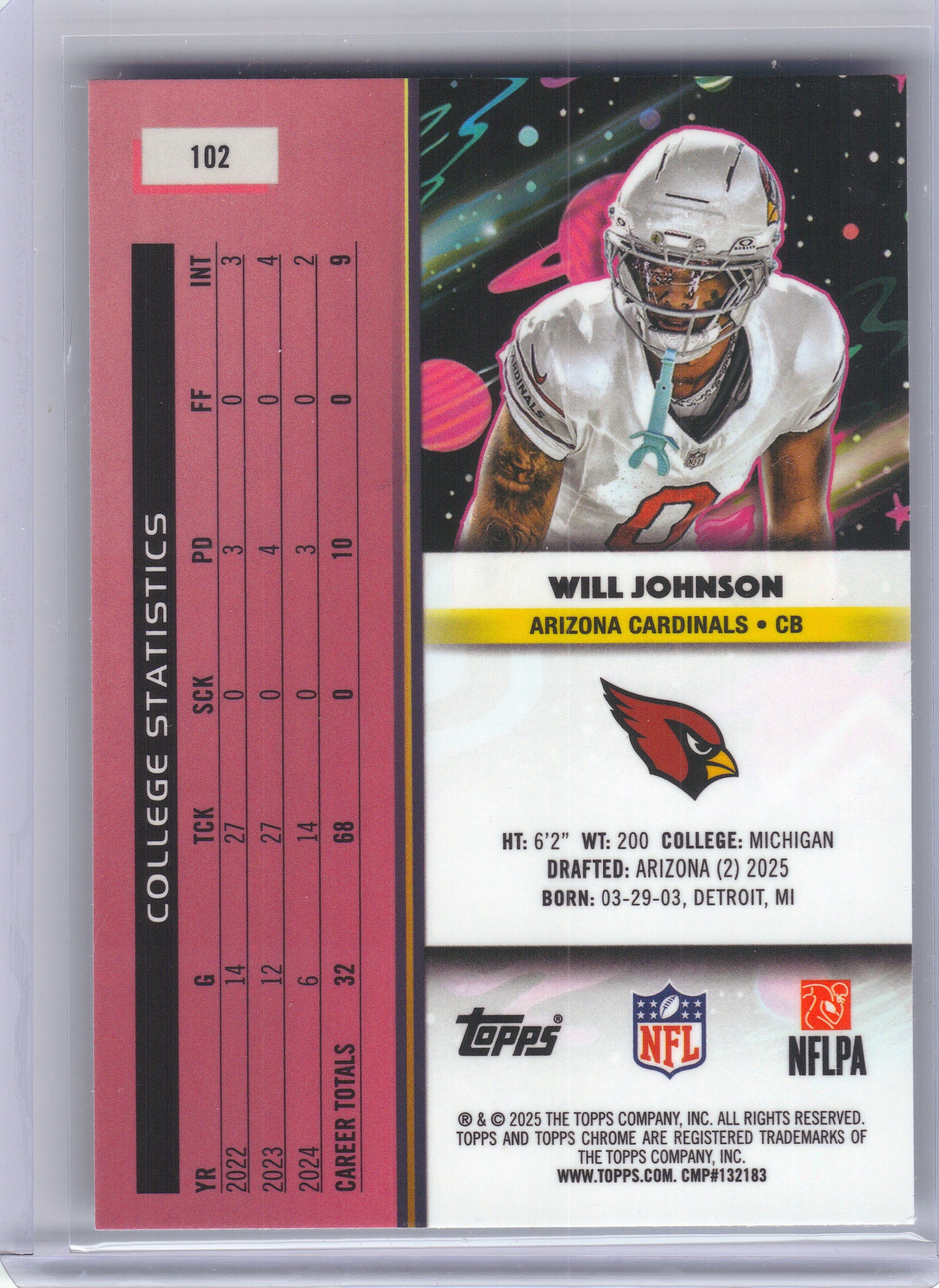 2025 Topps Chrome Cosmic #102 Will Johnson Arizona Cardinals Rookie