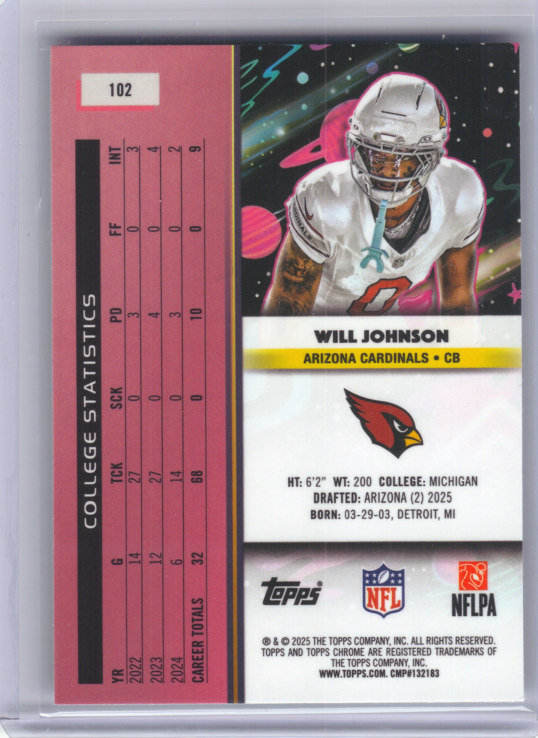 2025 Topps Chrome Cosmic #102 Will Johnson Arizona Cardinals Rookie